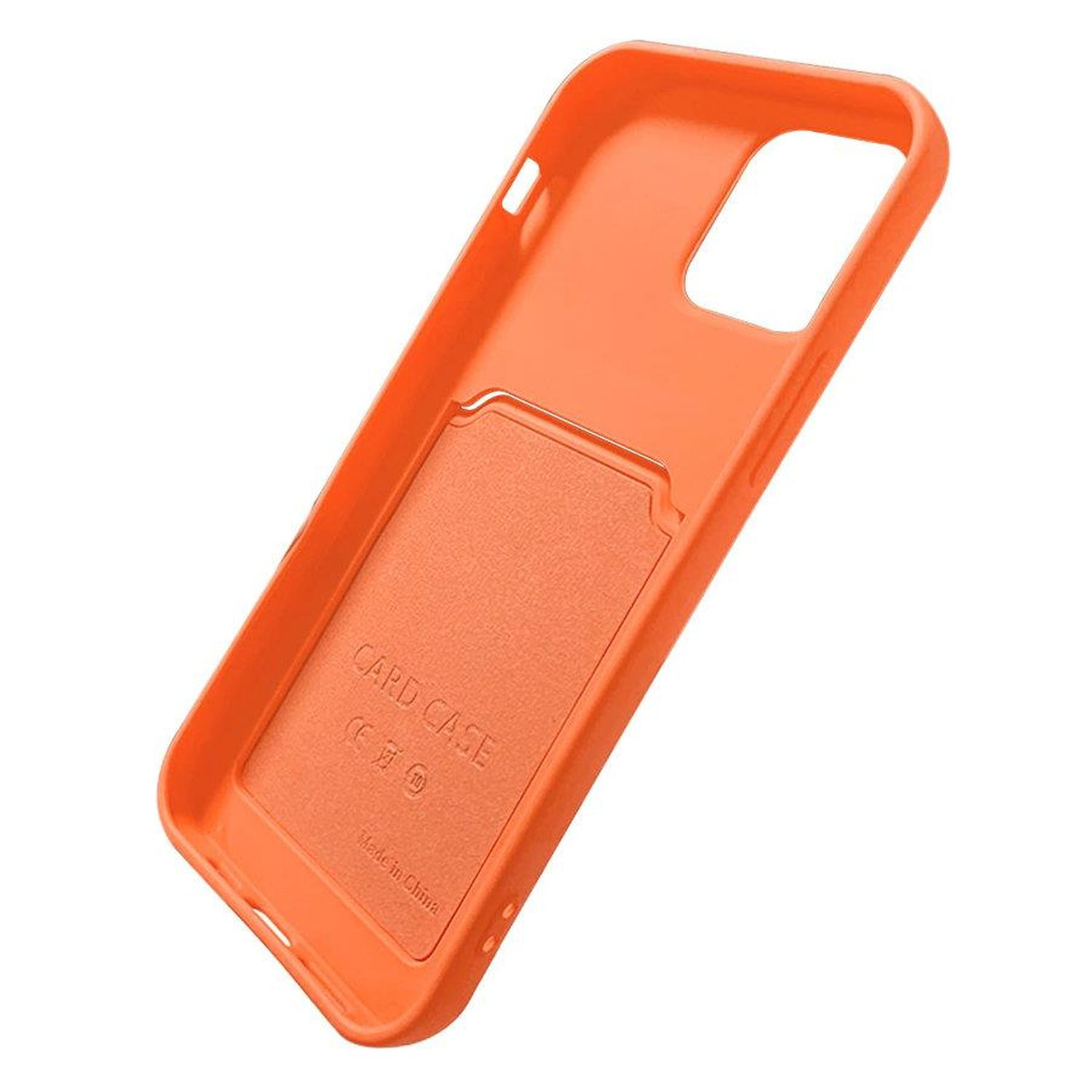Eine orangefarbene Handyhülle mit Kartenfach, beschriftet mit 'CARD CASE' auf weißem Grund.