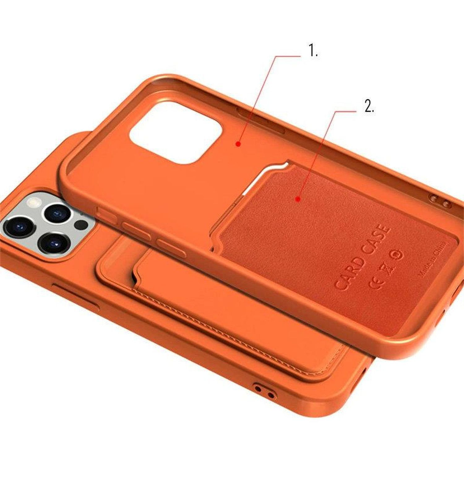 Orange Handyhülle mit Kartenfach und Handyhülle. Text des Kartenetuis.