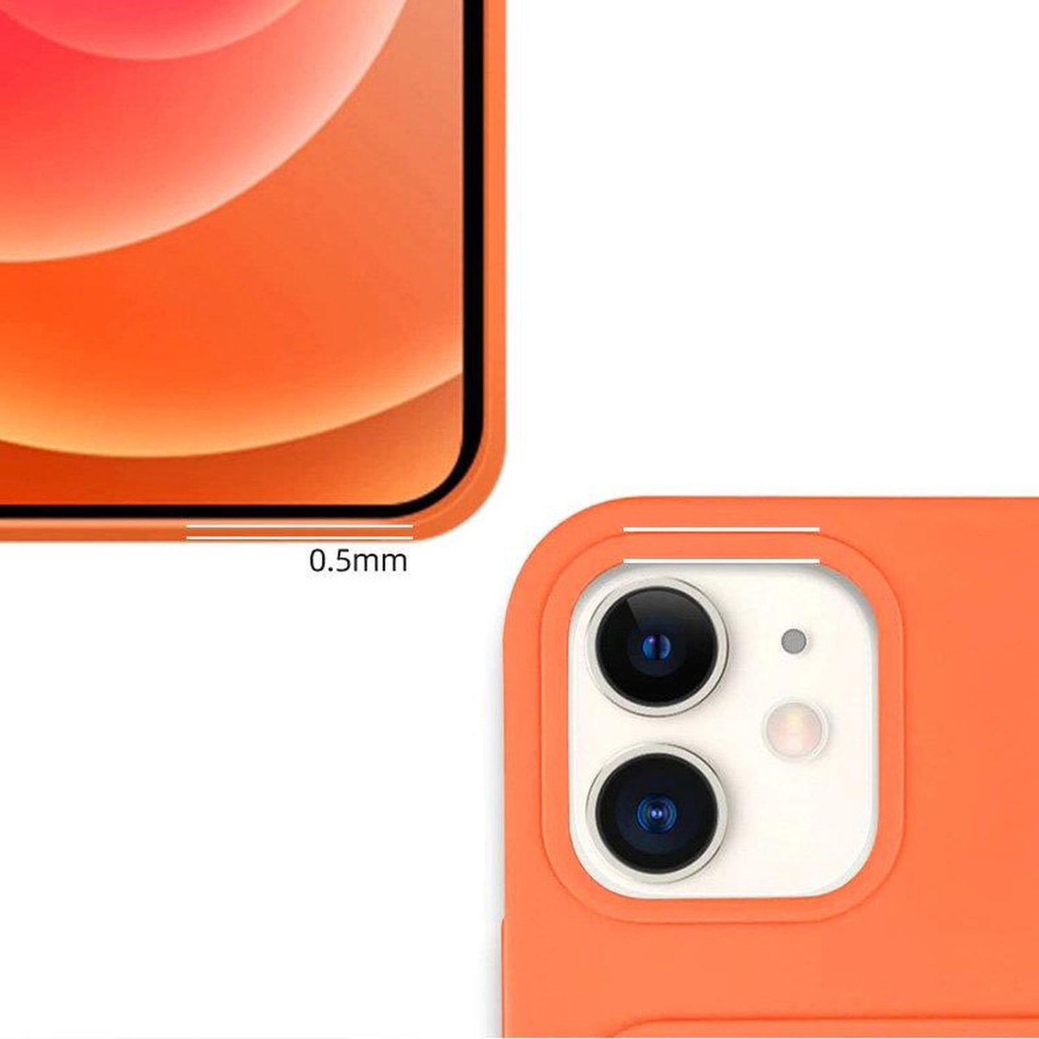 Nahaufnahme einer orangenen Handyhülle mit 0,5 mm Spalt und Kamerabereich.
