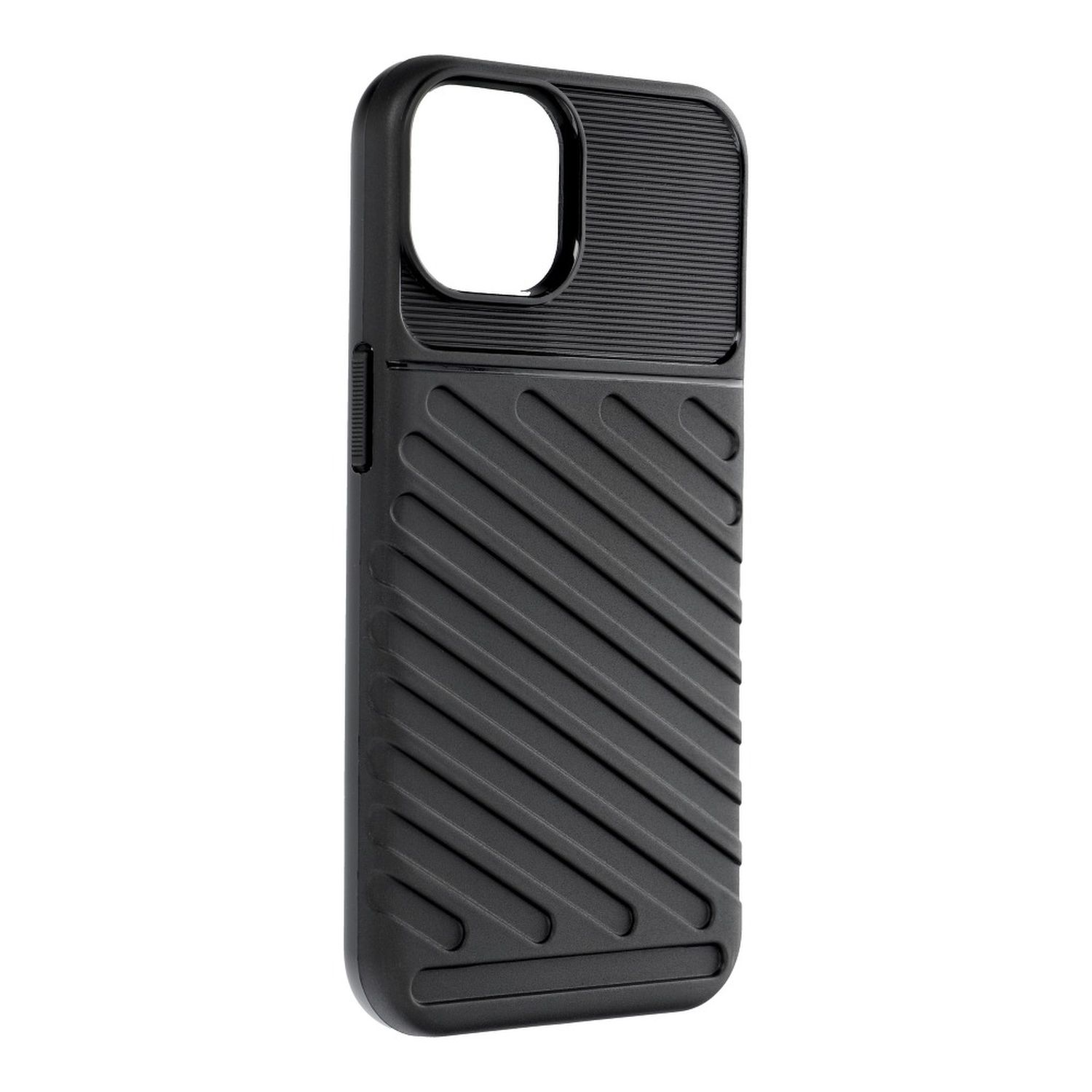 Schwarze Handyhülle mit strukturiertem Design. Hat einen Kameraausschnitt und Seitentasten. Diagonale Linien.