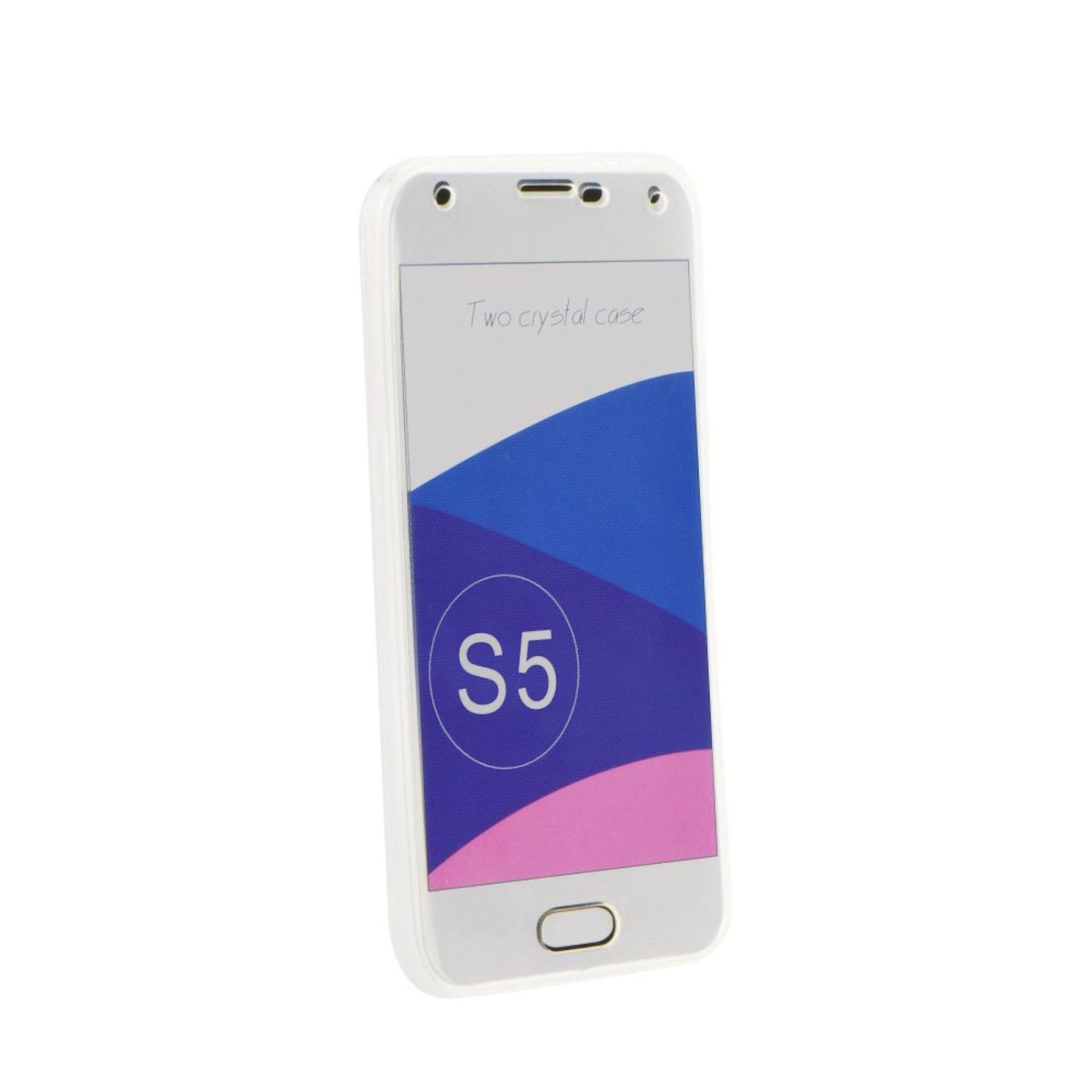 Weißes Telefon mit farbigem Bildschirm, Text 'Two crystal case' und 'S5'.