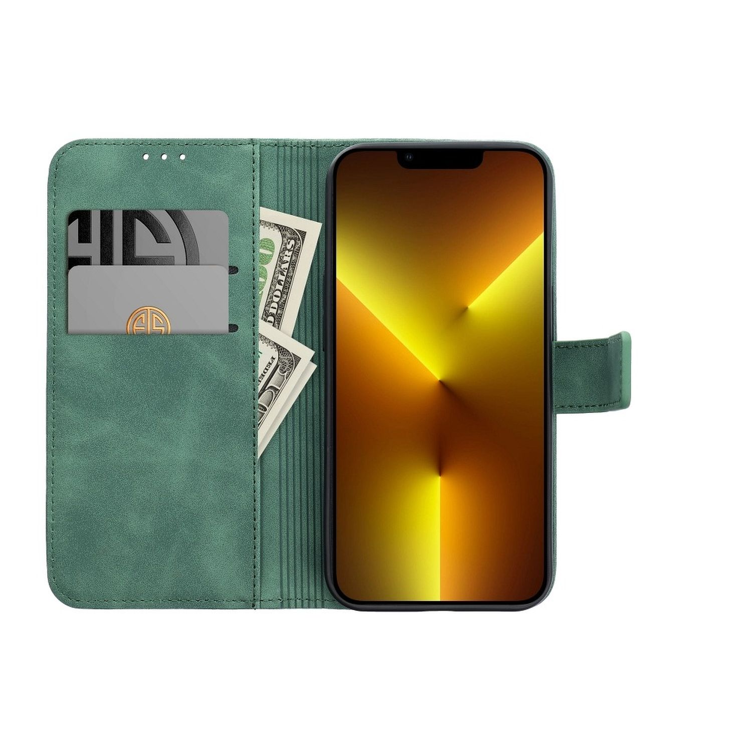Una custodia verde con carta e contanti, e un telefono con schermo giallo.