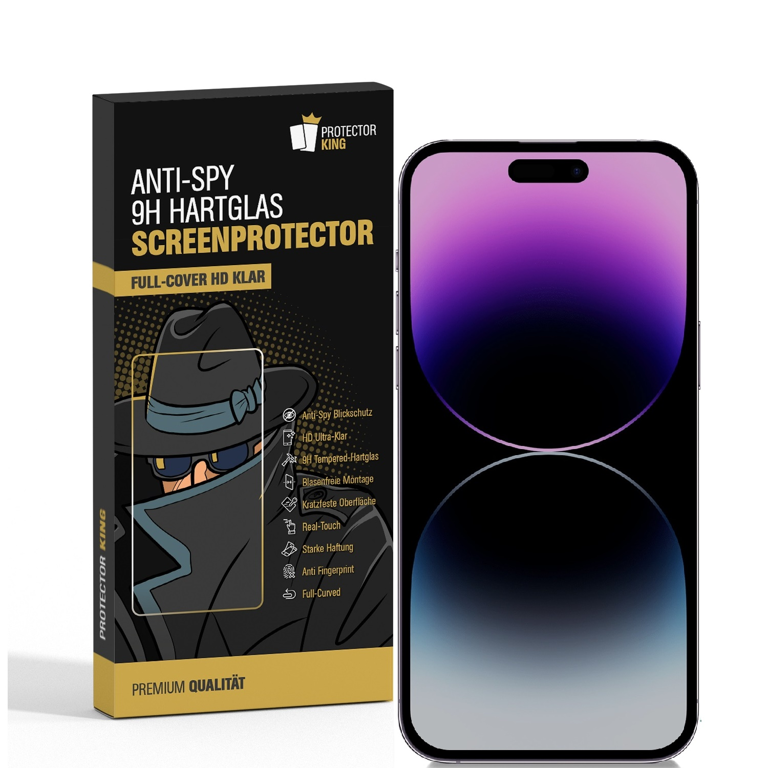 Telefon mit Displayschutz, eine Box daneben. Anti-Spionage-Displayschutz.