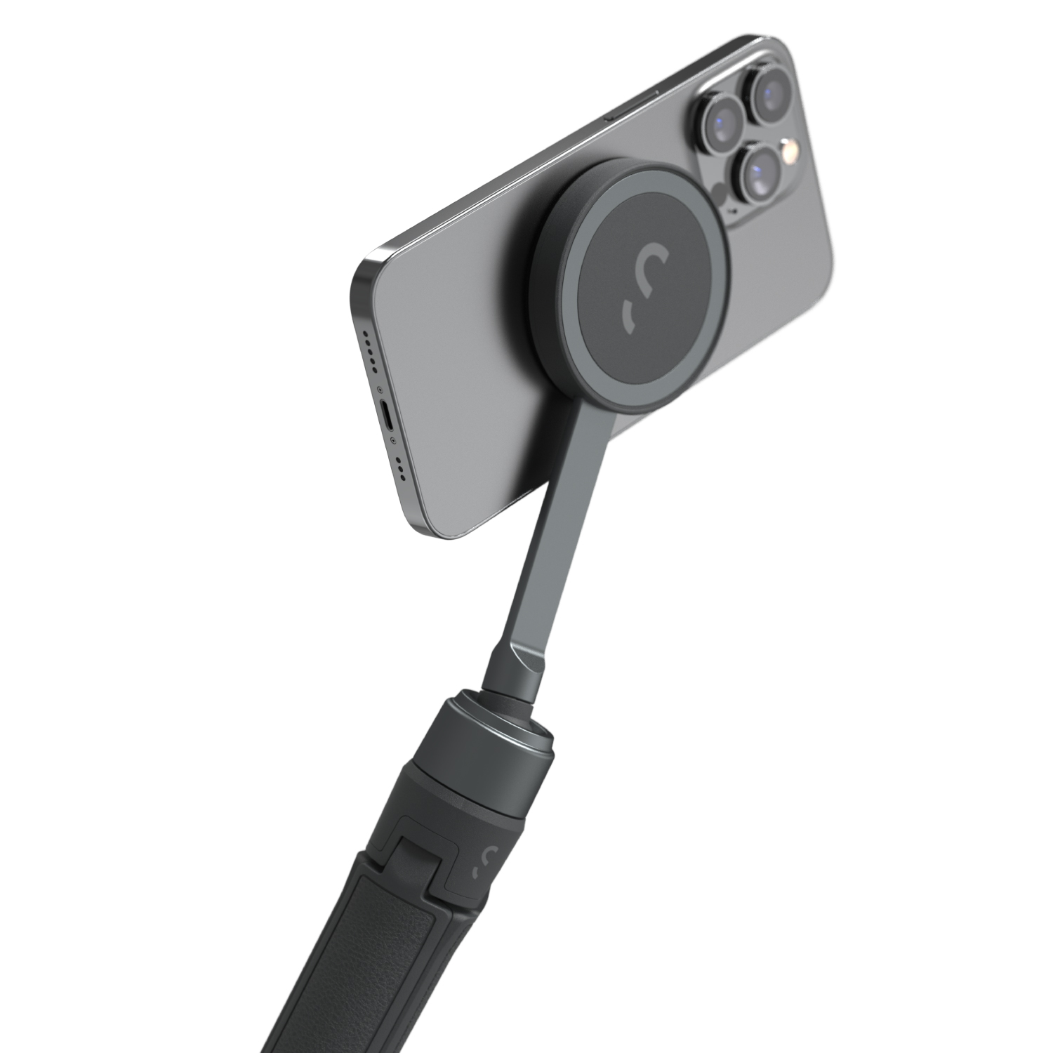 Ein Telefon an einem Selfie-Stick befestigt. Das Telefon ist grau, der Stick ist dunkelgrau und schwarz.