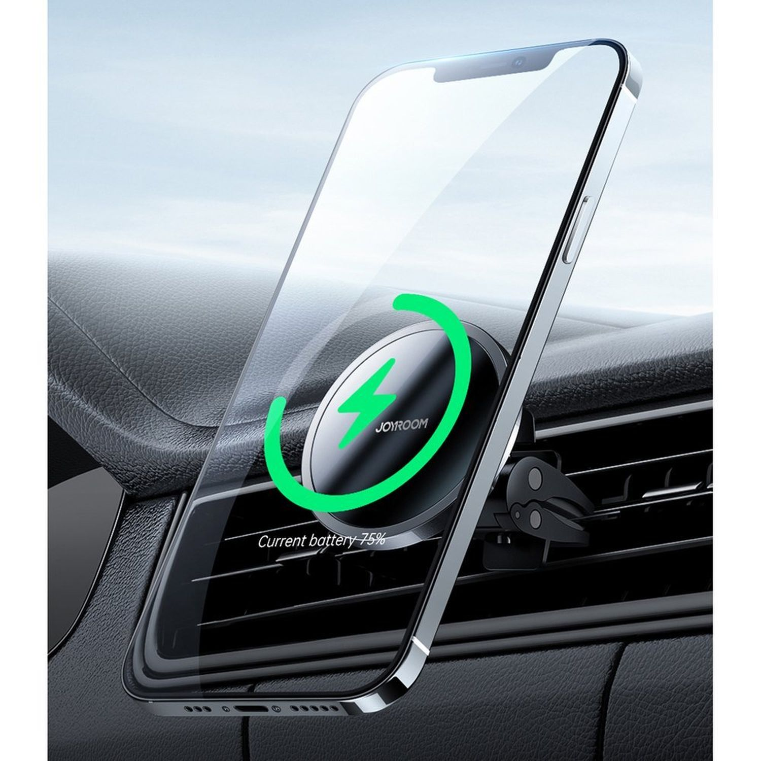 Ein Telefon, das an einer Lüftung im Auto befestigt ist und ein Ladesymbol und 75 % Akku anzeigt.