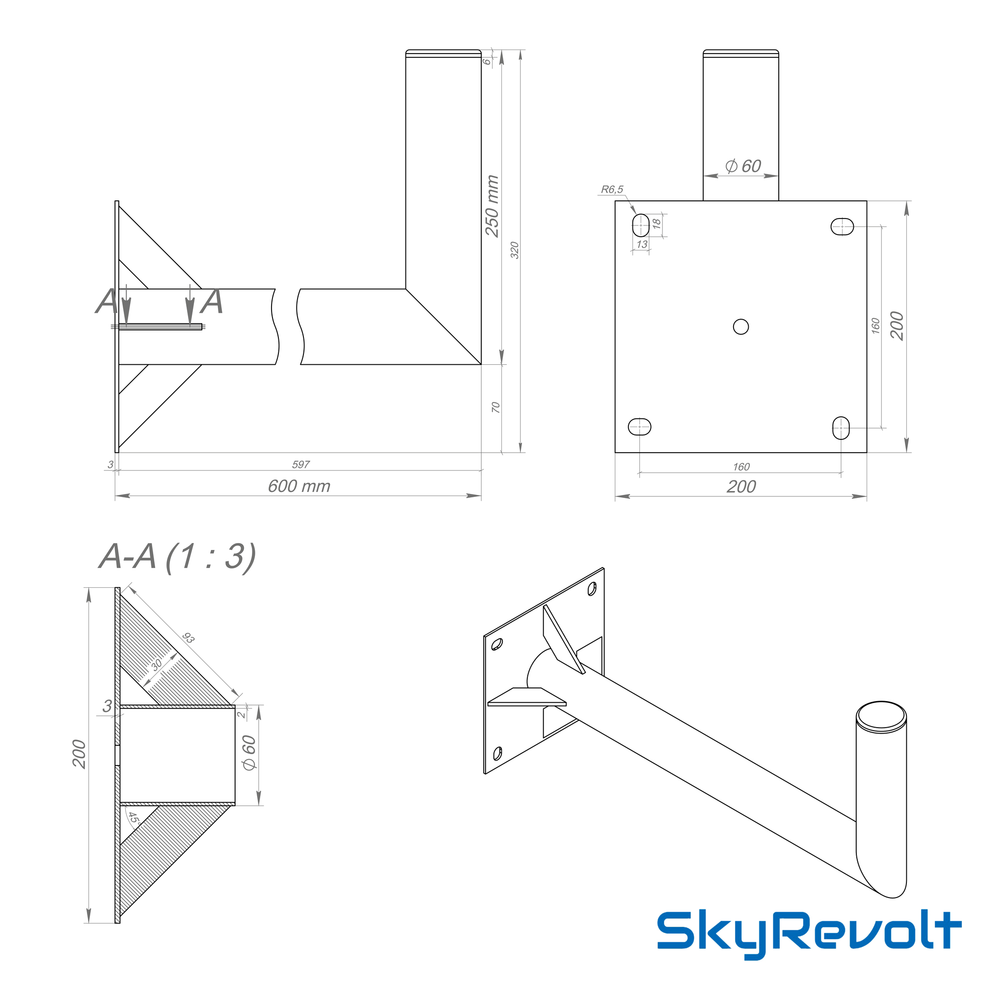 Technische Zeichnung einer SkyRevolt Antennenhalterung mit Maßen und Details.