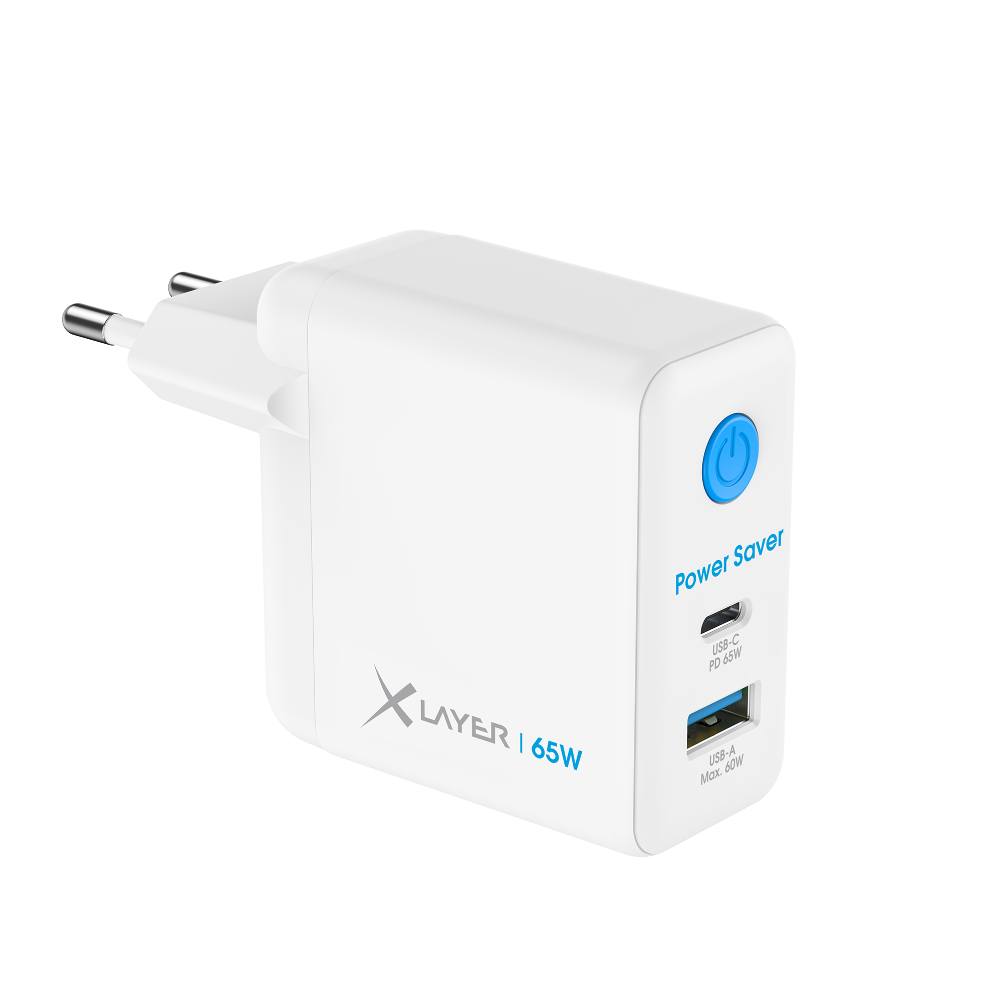 Ein weißer Netzadapter mit zwei USB- und einem USB-C-Anschluss. Die Marke ist Layer.