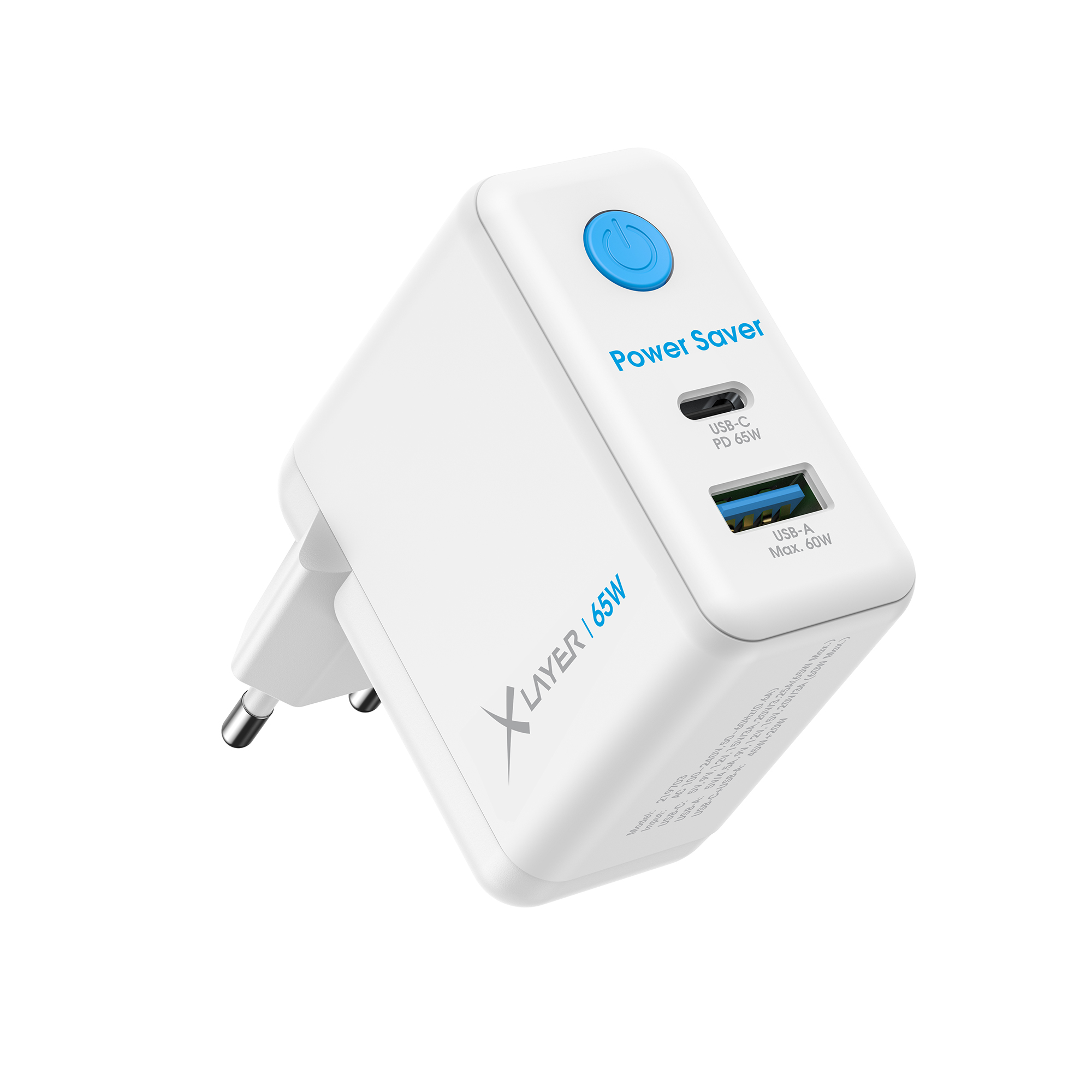 Weißer Netzadapter mit USB-Anschlüssen, beschriftet 'Power Saver'.