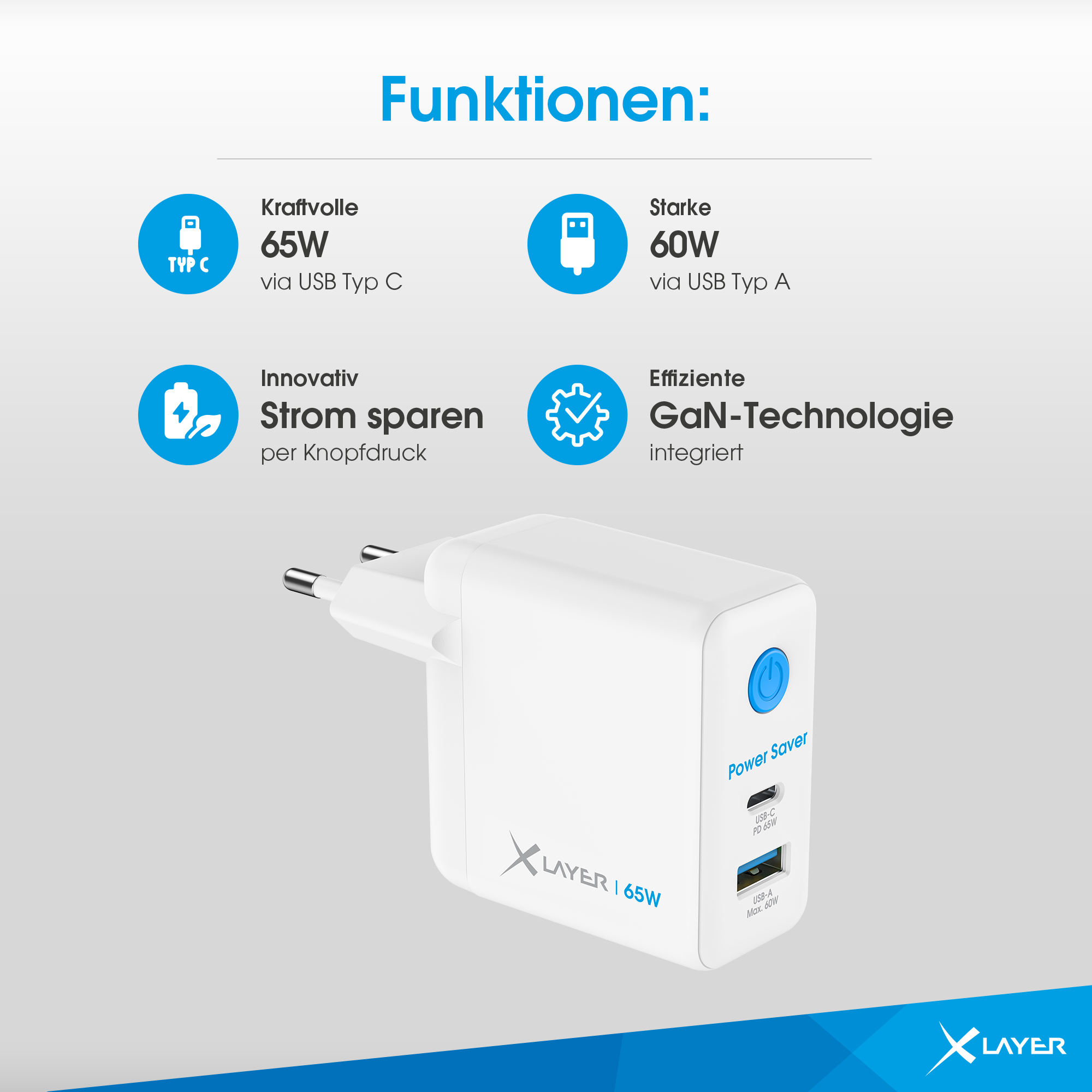Weißer Netzadapter mit USB-C- und USB-A-Anschlüssen. Merkmale sind 65W und 60W Leistung über USB Typ C & A.