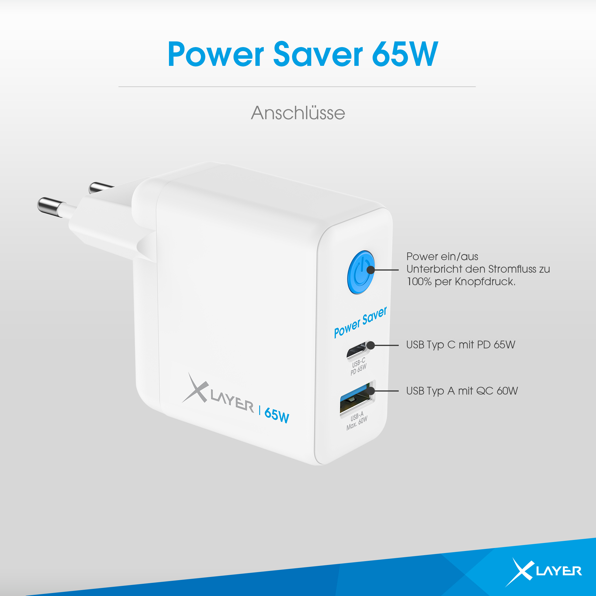 Netzteil mit Strom- und USB-Anschlüssen. Es ist weiß mit blauen Details und einem Etikett.