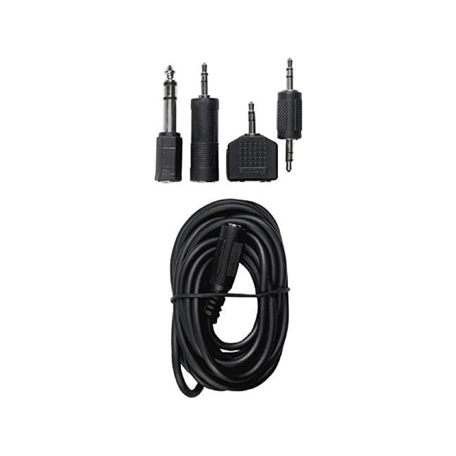 Schwarze Audiokabel und -stecker. Enthält ein paar Adapter.