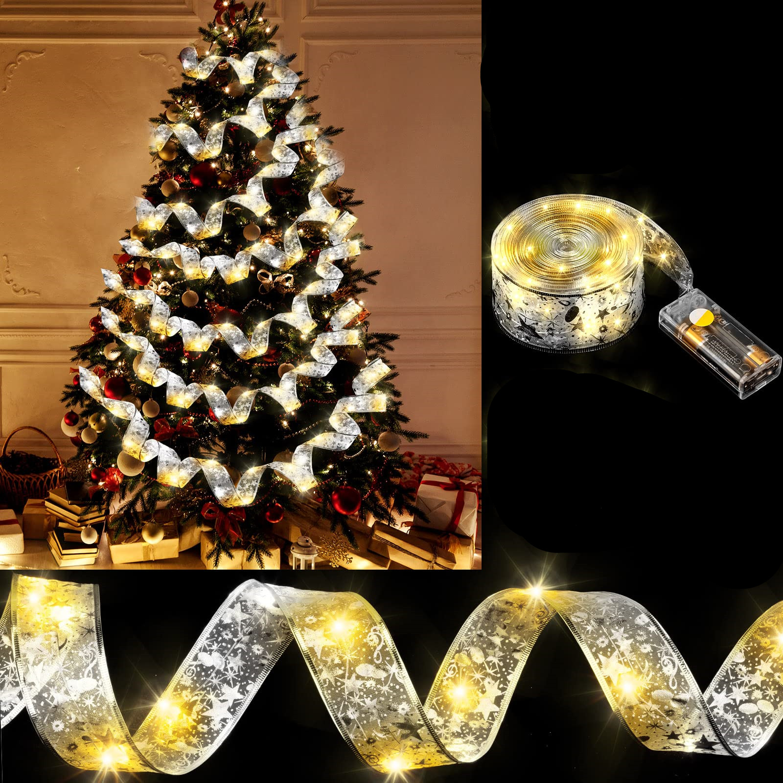 Ein Weihnachtsbaum mit Lichtern und Dekorationen und ein Band aus Lichtern.