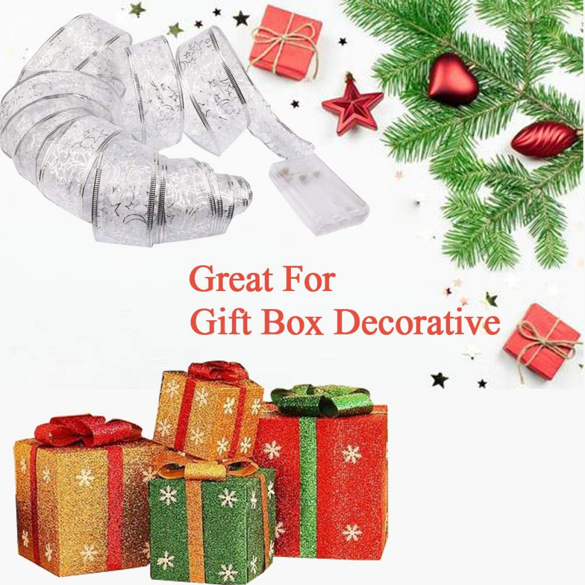 Weihnachtsgeschenkboxen, Bänder, Ornamente und Grünzeug, festliche Dekoration auf Weiß.