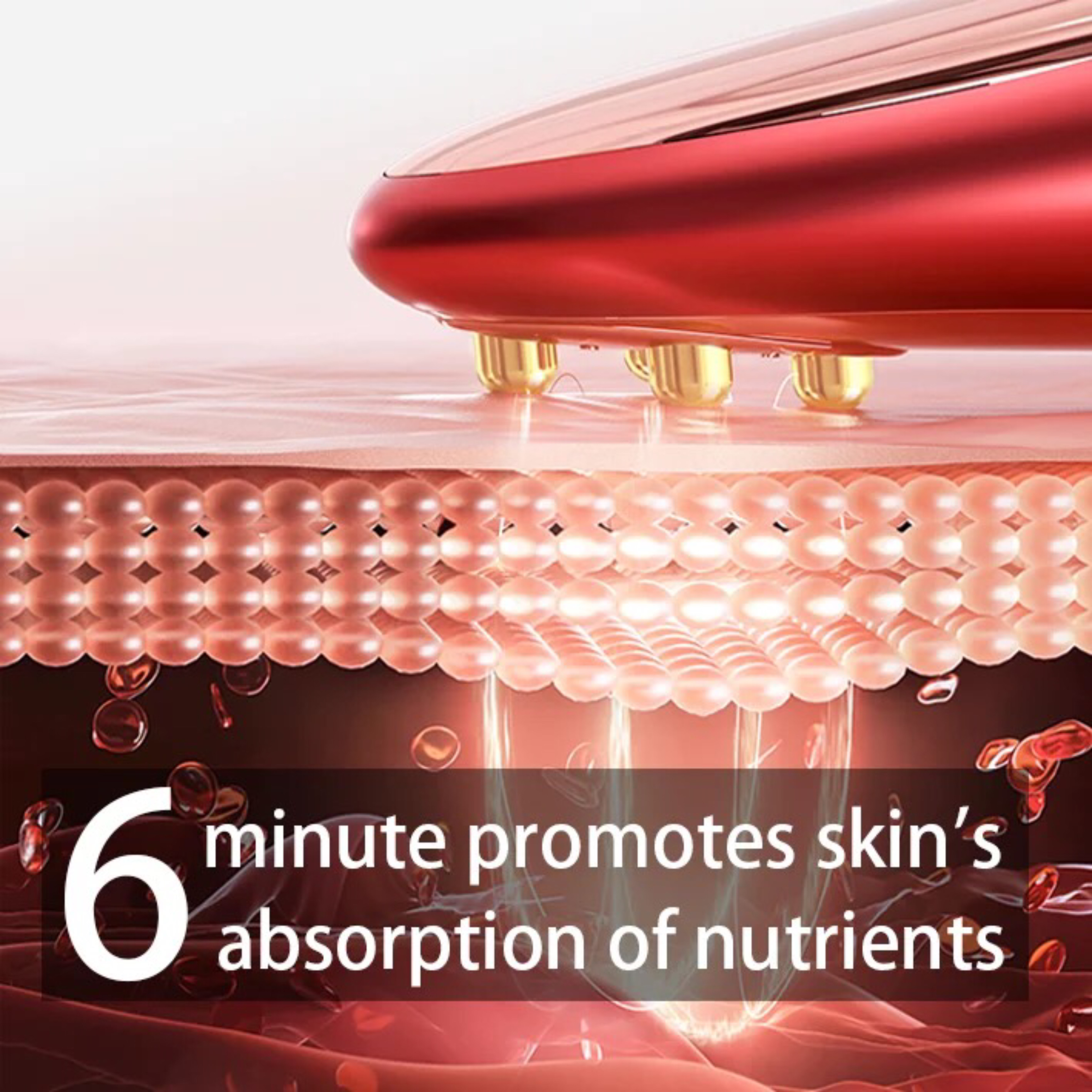 Czerwone urządzenie do pielęgnacji skóry, aplikowane na skórę z nakładką tekstową.