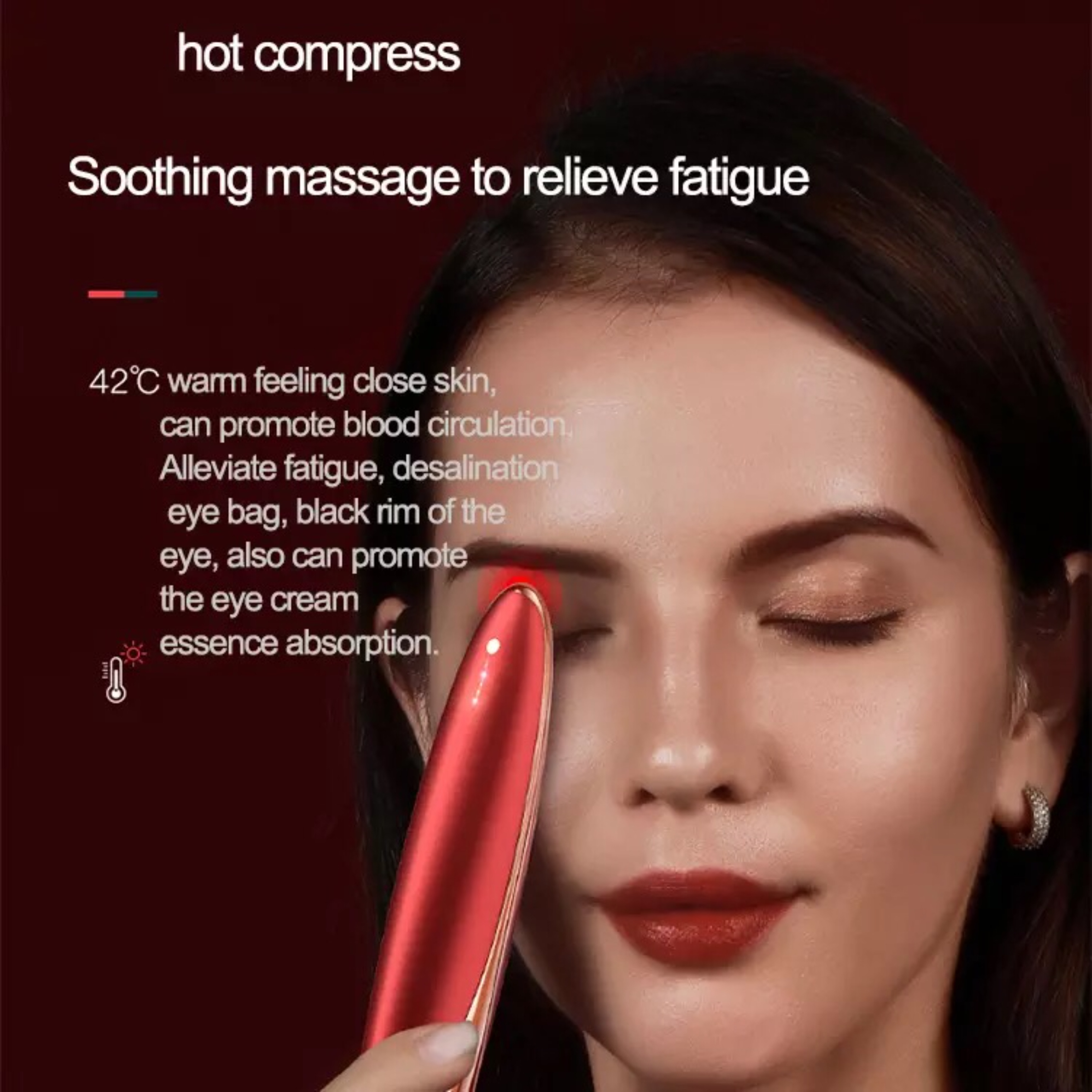 Twarz kobiety z czerwonym masażerem do oczu. Tekst wspomina o wchłanianiu esencji kremu pod oczy.