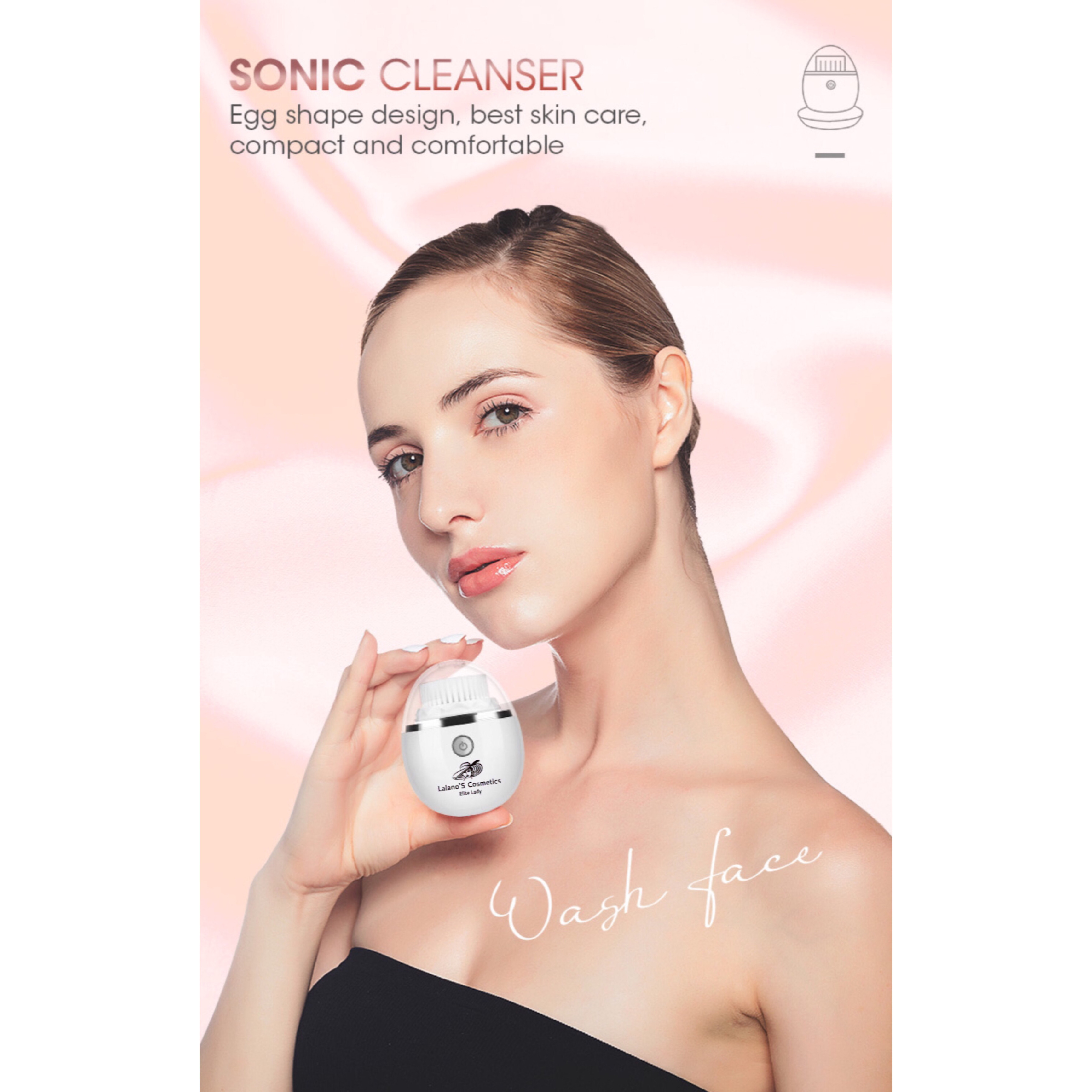 Kobieta trzymająca oczyszczacz soniczny w kształcie jajka, z napisem 'Umyj twarz'. Tło jest rozmyte różowe.