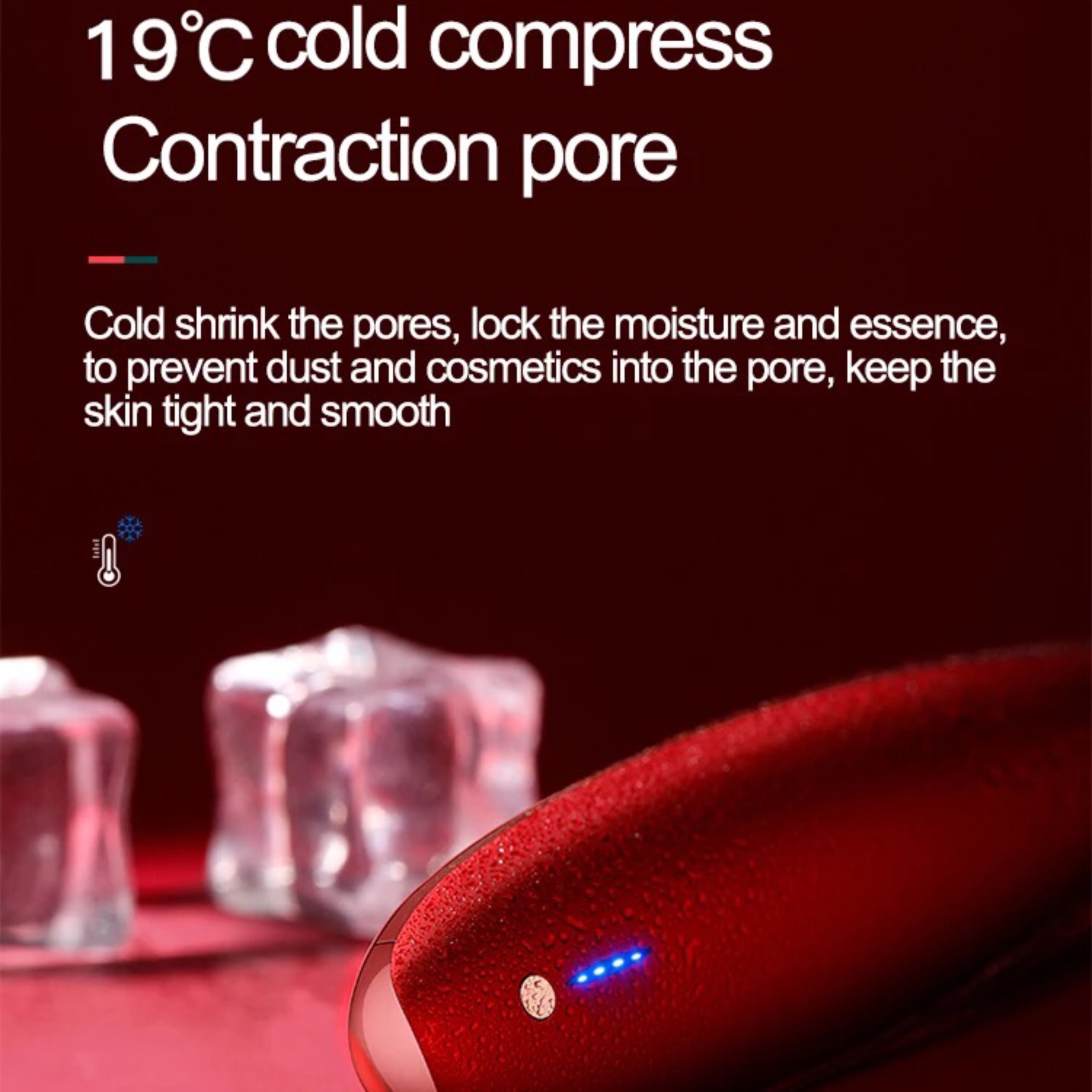 Czerwone urządzenie kosmetyczne z tekstem o zimnym kompresie i zwężaniu porów, widoczne kostki lodu i niebieskie światła.