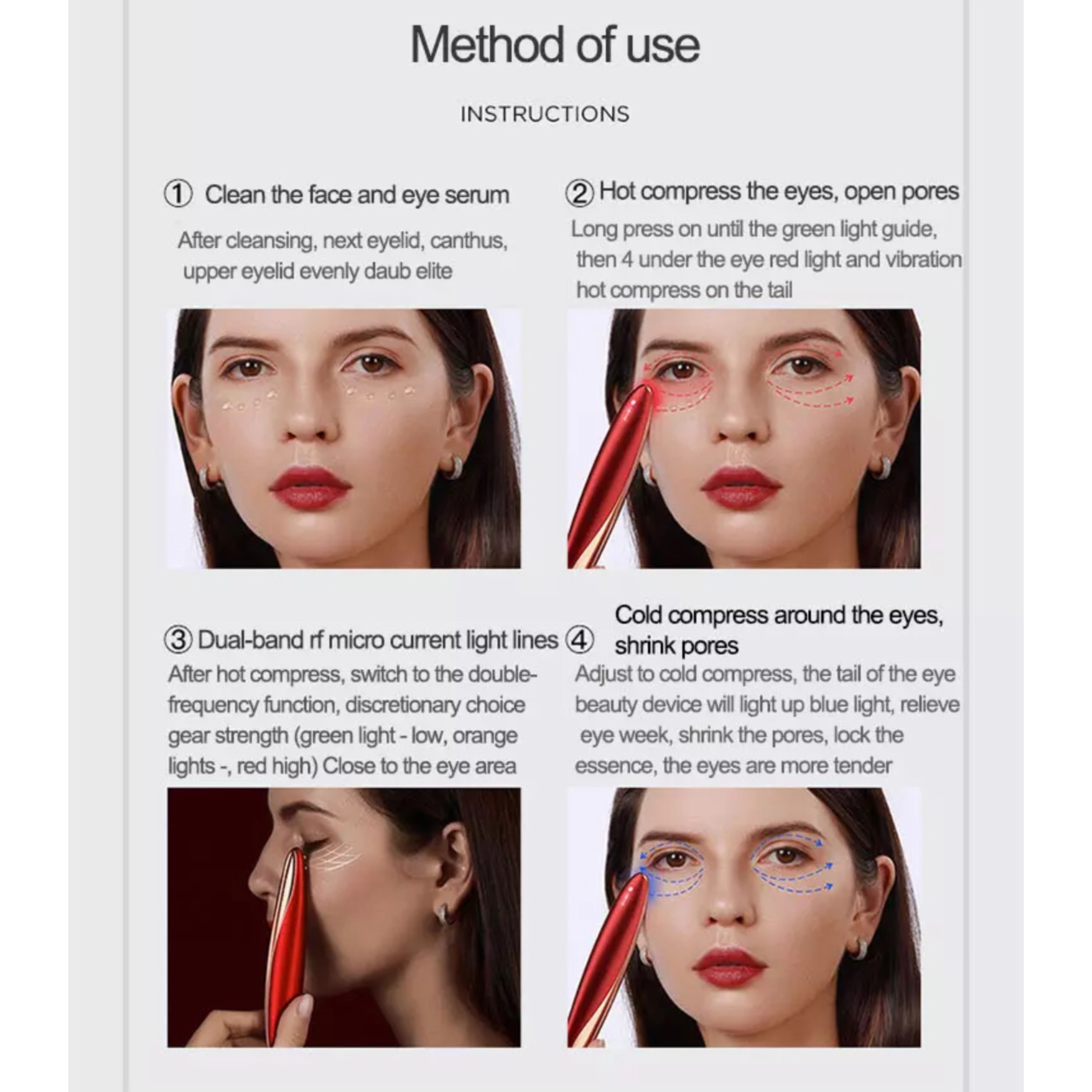 Instrukcje dotyczące urządzenia kosmetycznego: Czyszczenie twarzy, ciepły kompres, światło dwupasmowe, zimny kompres.