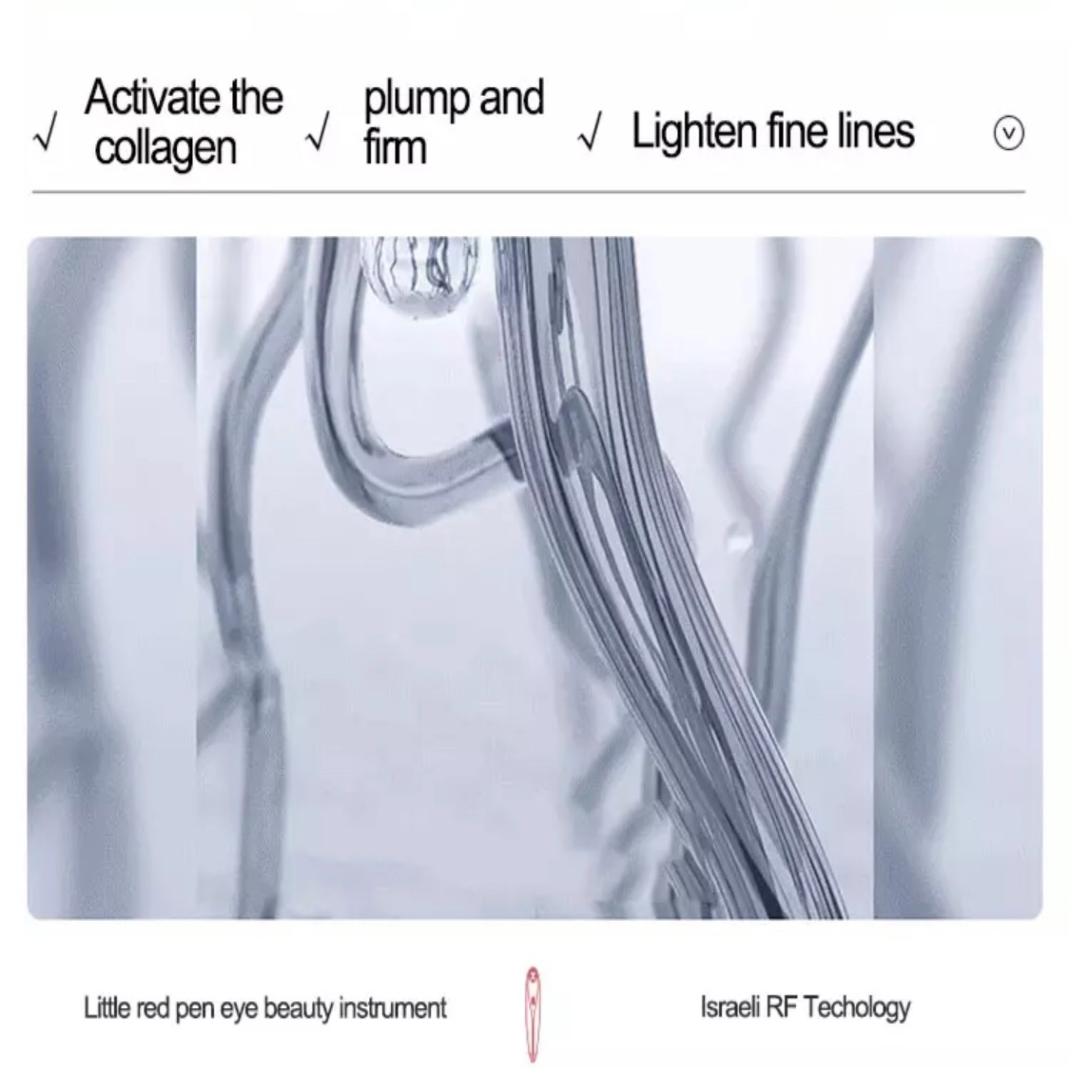 Zbliżenie urządzenia medycznego z tekstem o kolagenie i pielęgnacji skóry, na jasnym tle.