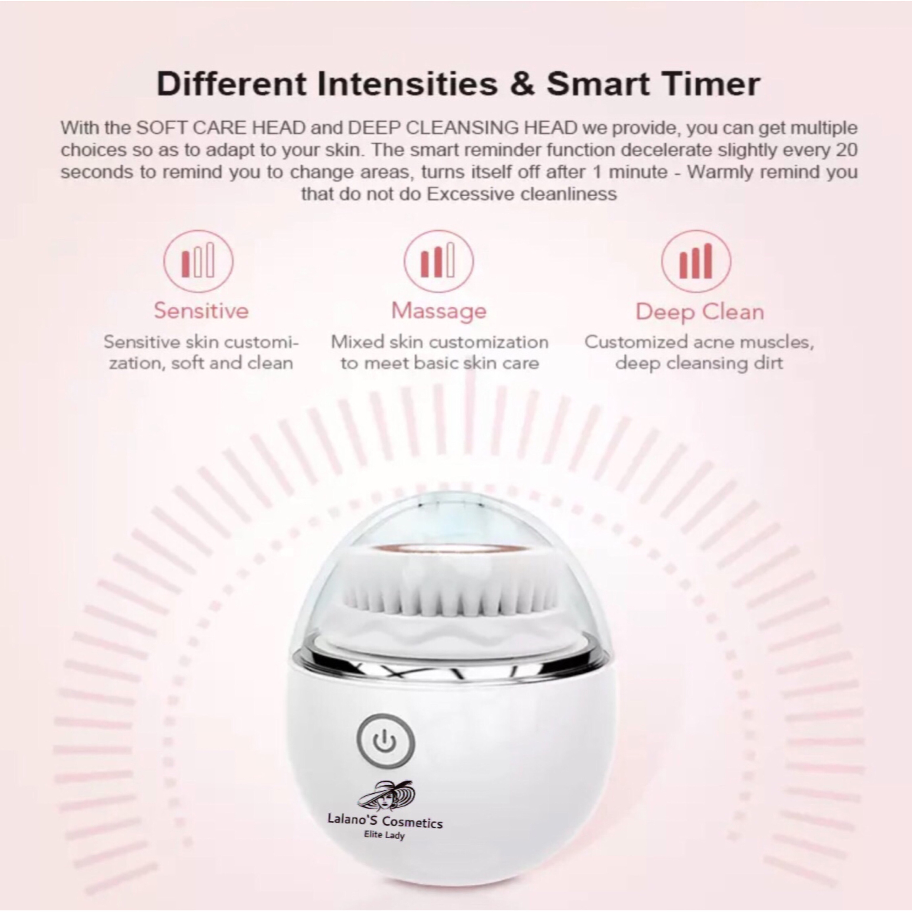 Biała szczotka do twarzy z przezroczystą głowicą i różowym tłem. Tekst wskazuje różne intensywności i inteligentny timer.