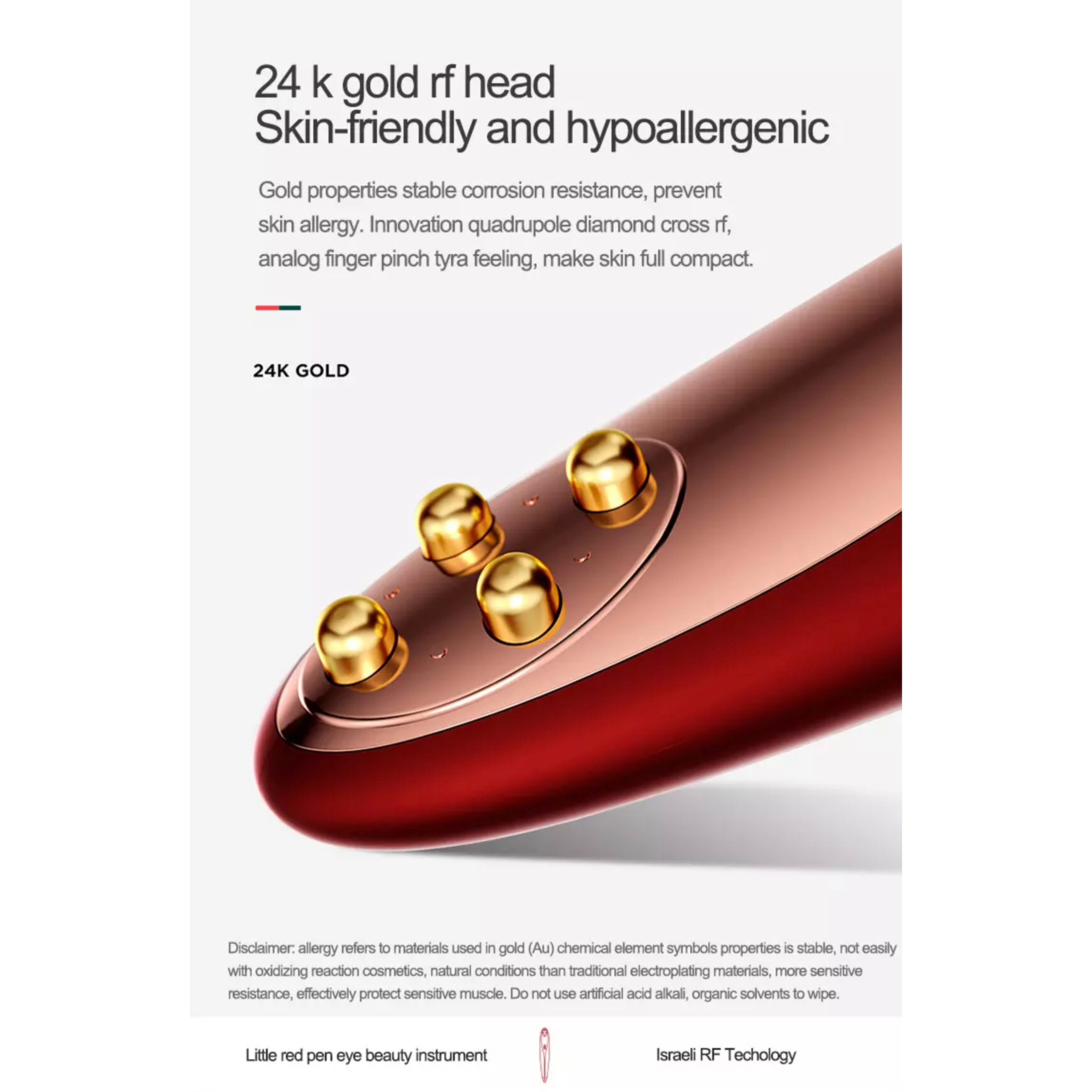 Zbliżenie urządzenia kosmetycznego ze złotymi główkami. Tekst brzmi: 'Głowica rf 24K złota Przyjazna dla skóry i hipoalergiczna'.
