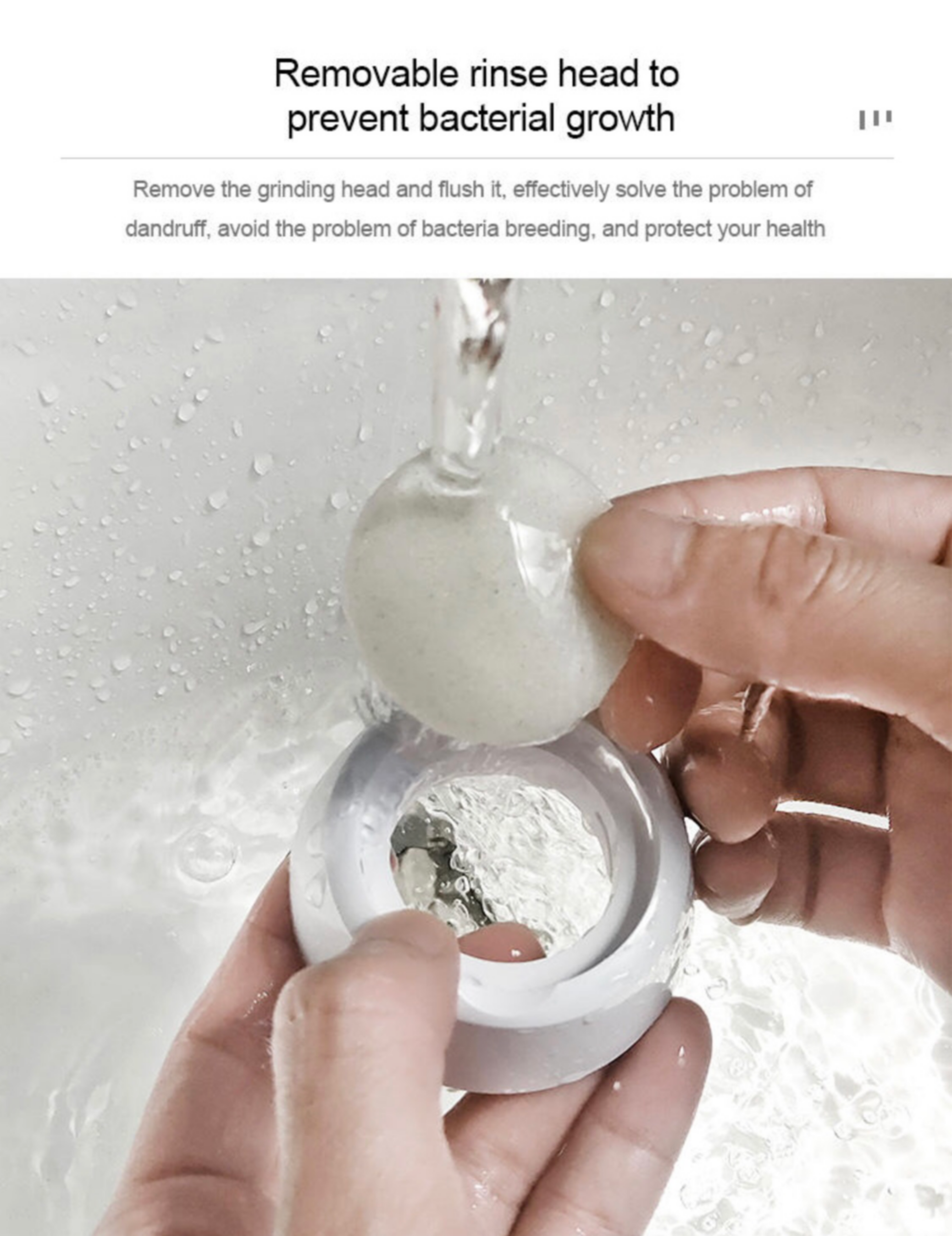 Dłonie czyszczące okrągłą głowicę szlifierską, pokazane z tekstem o zapobieganiu rozwojowi bakterii.