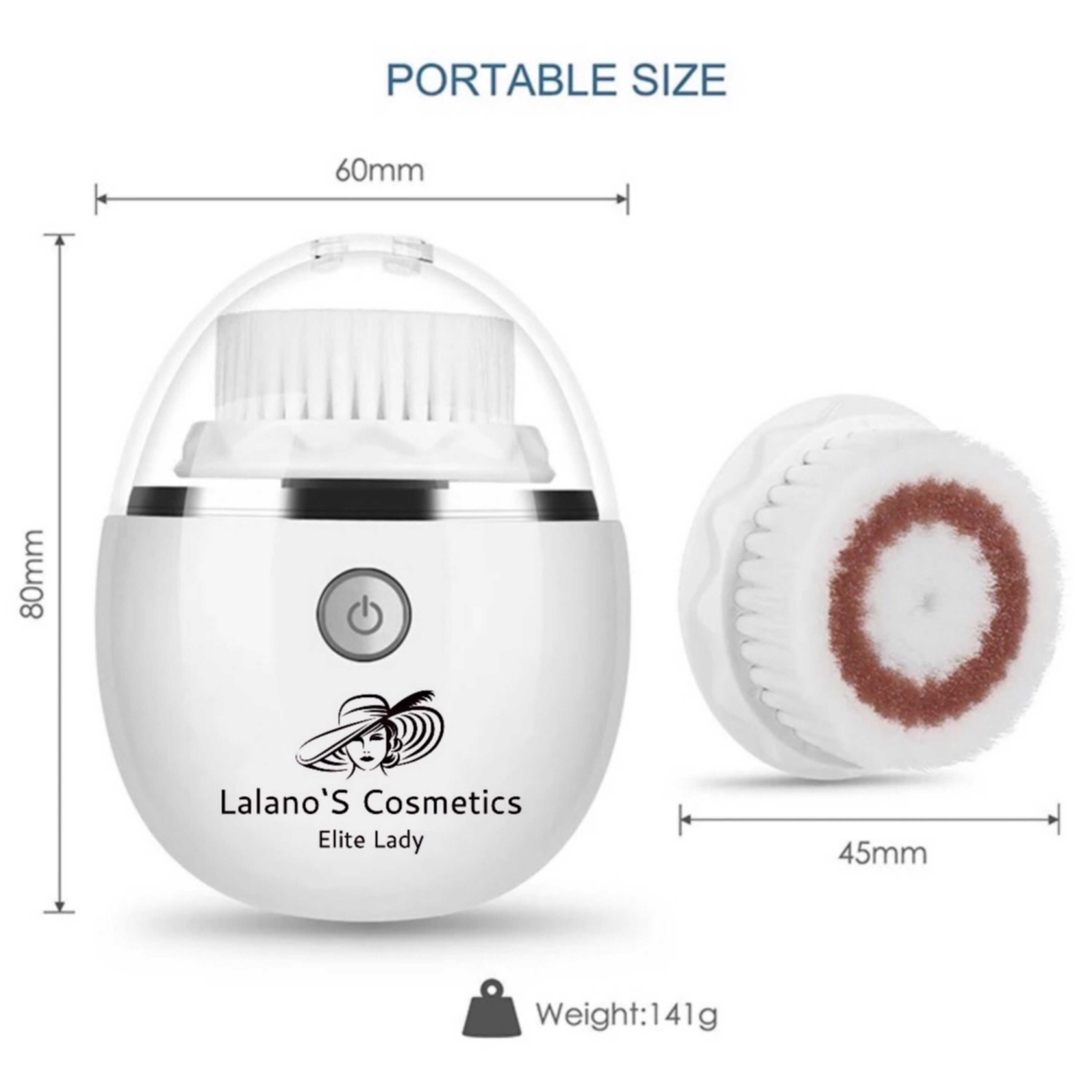 Biała szczoteczka do oczyszczania twarzy z wymiarami i szczegółami wagi. Posiada przycisk zasilania i logo marki.