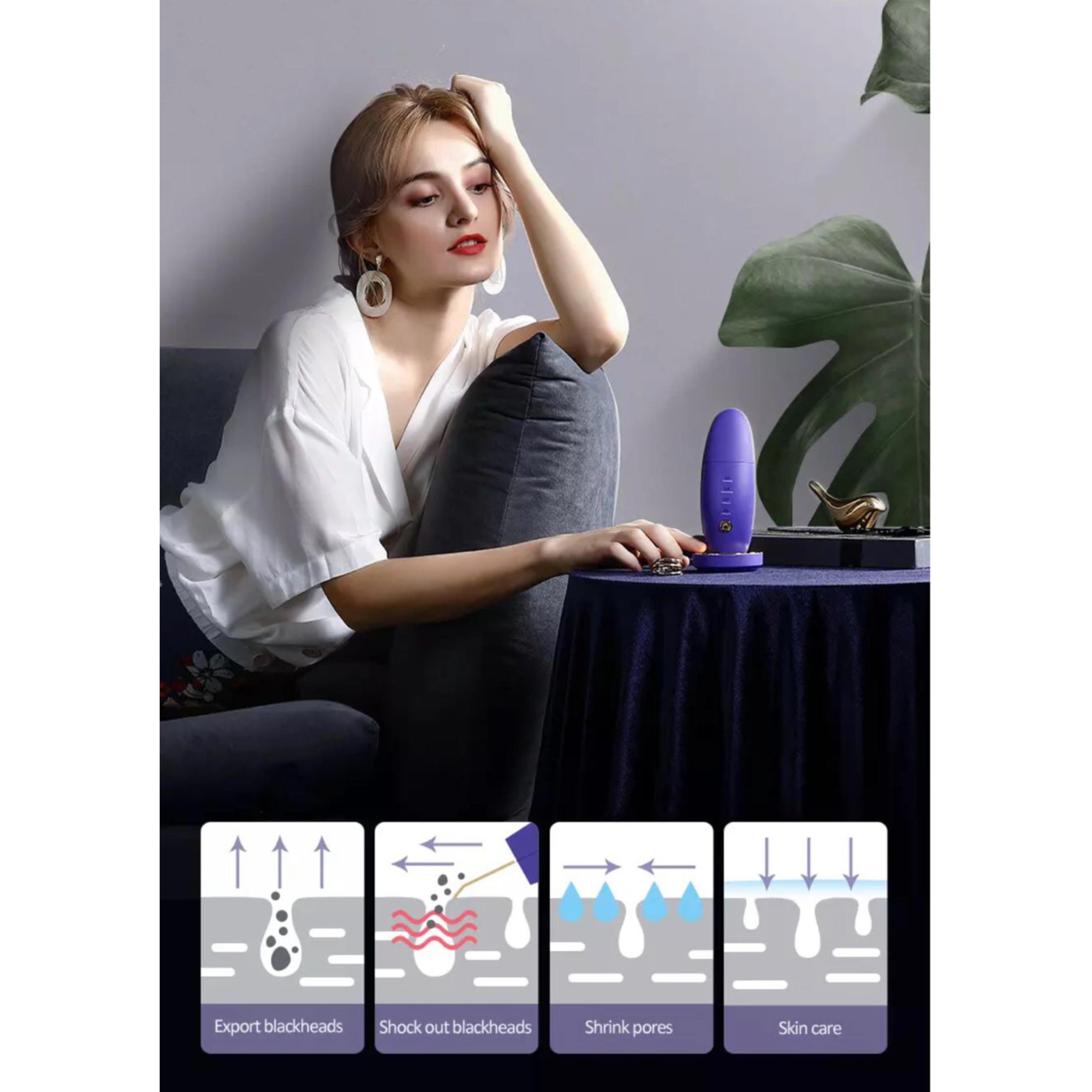 Kobieta z urządzeniem do pielęgnacji twarzy i schematami pokazującymi etapy pielęgnacji skóry: usuwanie zaskórników, zwężanie porów, pielęgnacja skóry.