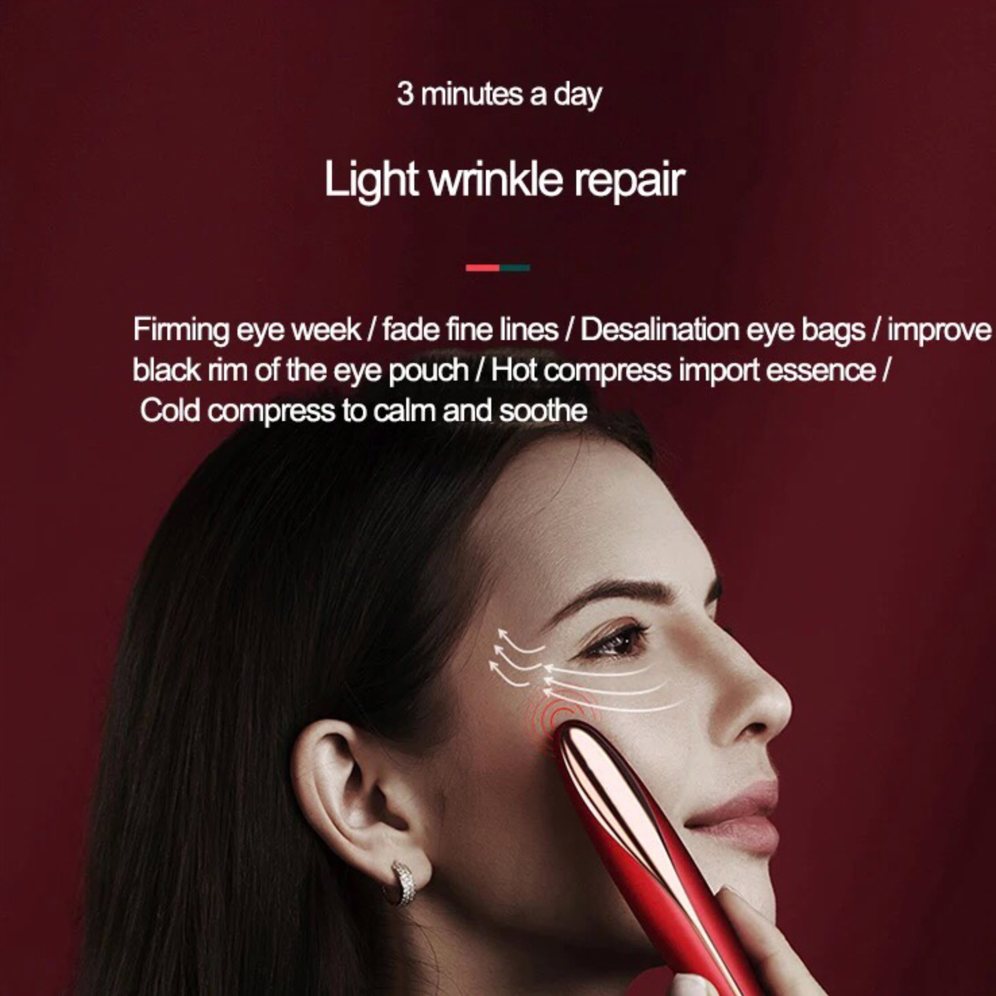 Kobieta używająca czerwonego urządzenia w pobliżu oka, z tekstem o naprawie zmarszczek i pielęgnacji oczu.