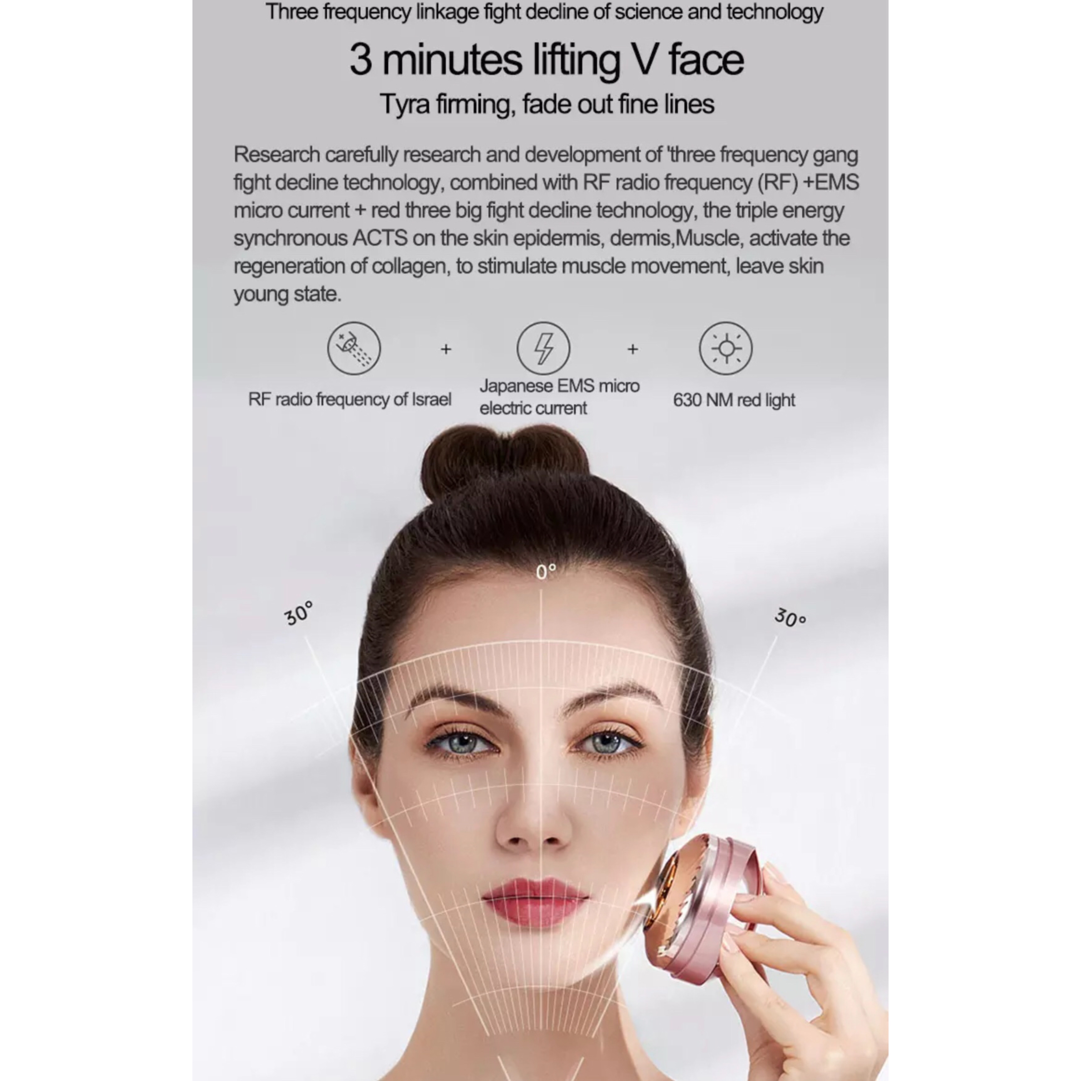 Twarz kobiety z urządzeniem, które rzekomo unosi twarz. Na twarzy są linie.