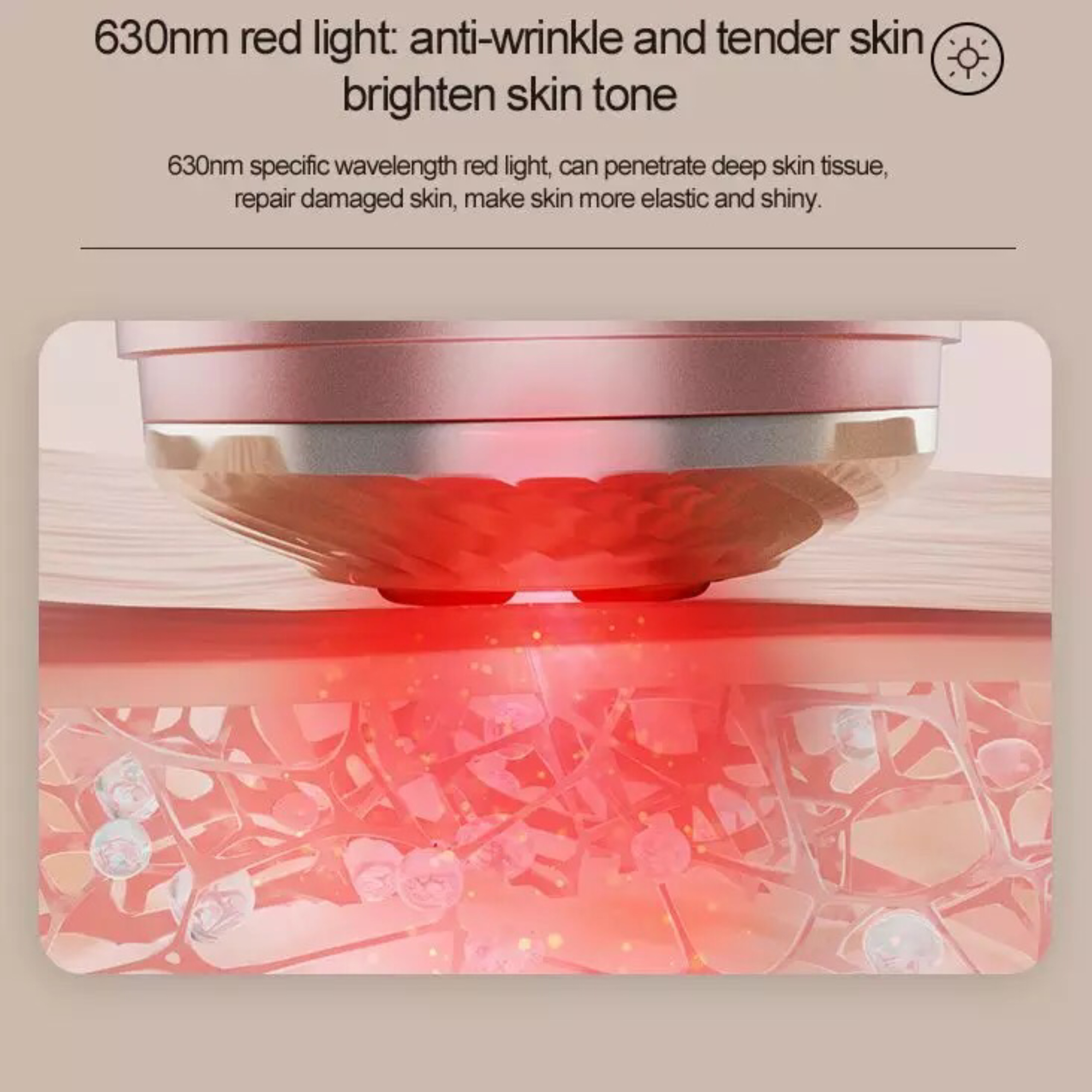 Zbliżenie urządzenia emitującego czerwone światło na skórę, z tekstem o przeciwzmarszczkowym i rozjaśnianiu kolorytu skóry.