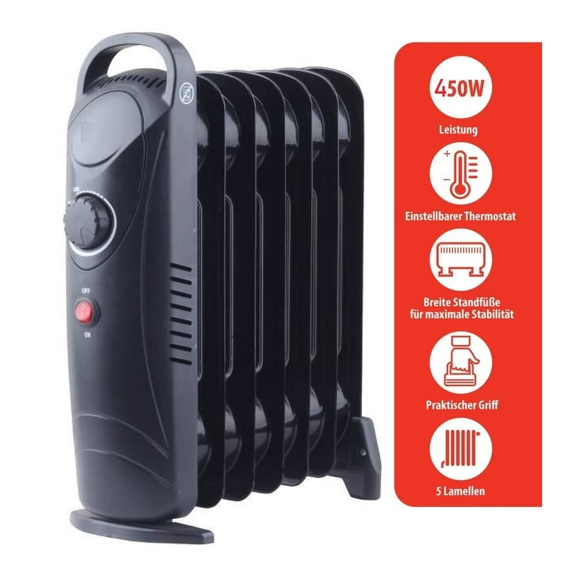 Ein schwarzer elektrischer Ölradiator mit Bedienelementen und Symbolen, die Funktionen anzeigen.