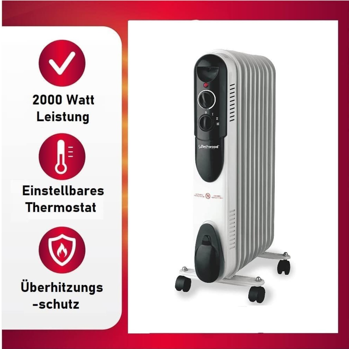 Ölheizung mit Bedienfeld, auf Rädern. Rotes Banner hebt Merkmale wie 2000W Leistung und Thermostat hervor.