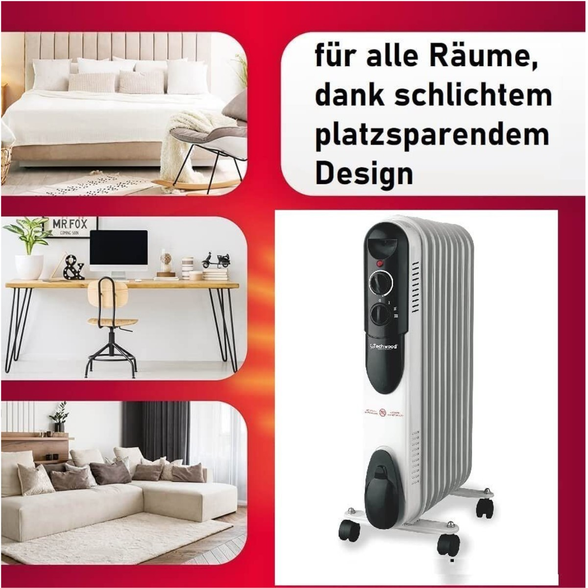 Collage von Schlafzimmer, Schreibtisch und Wohnzimmer mit Heizung. Text: 'Für alle Räume'.