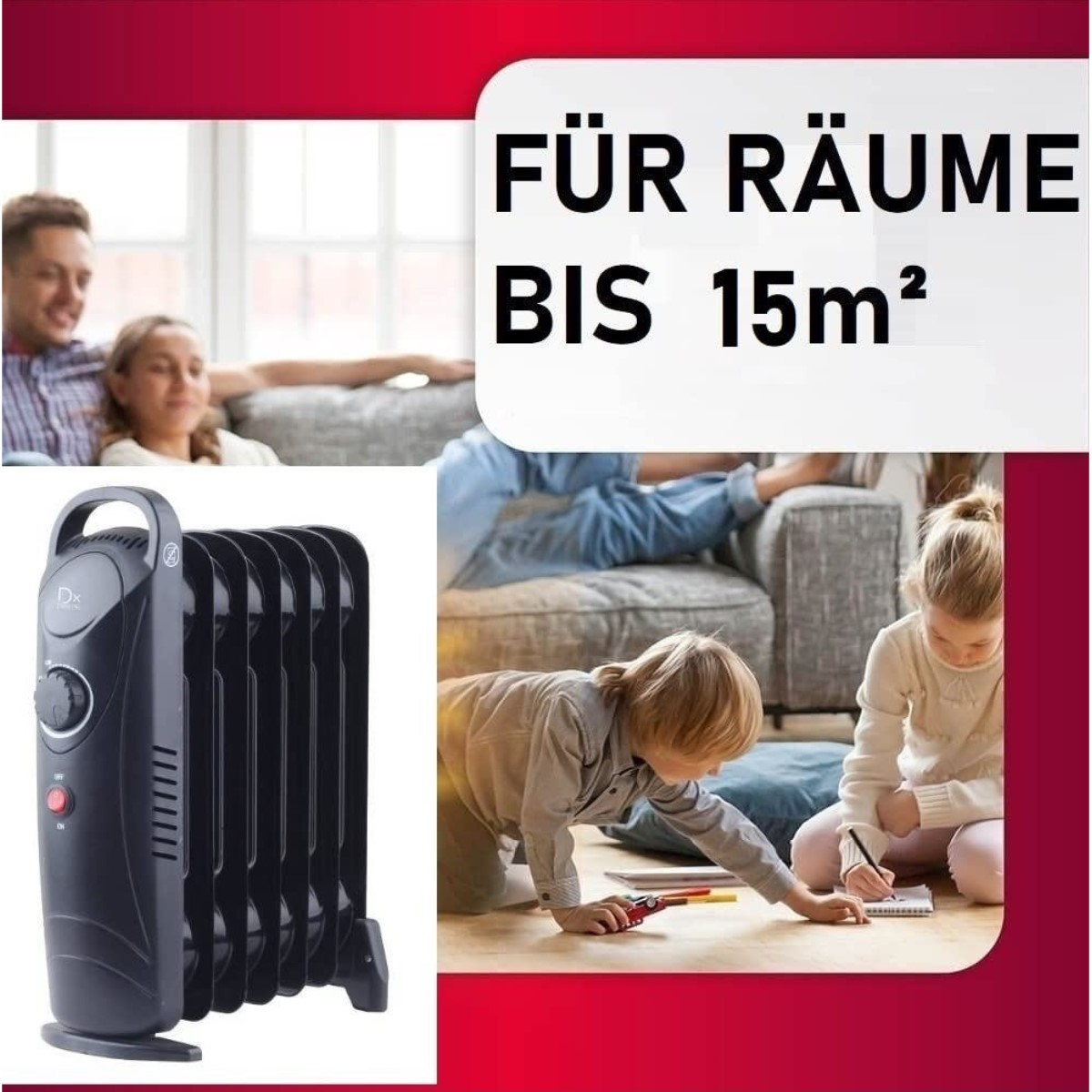 Ein Heizkörper mit Familie im Hintergrund. Text: „FÜR RÄUME BIS 15m²“.
