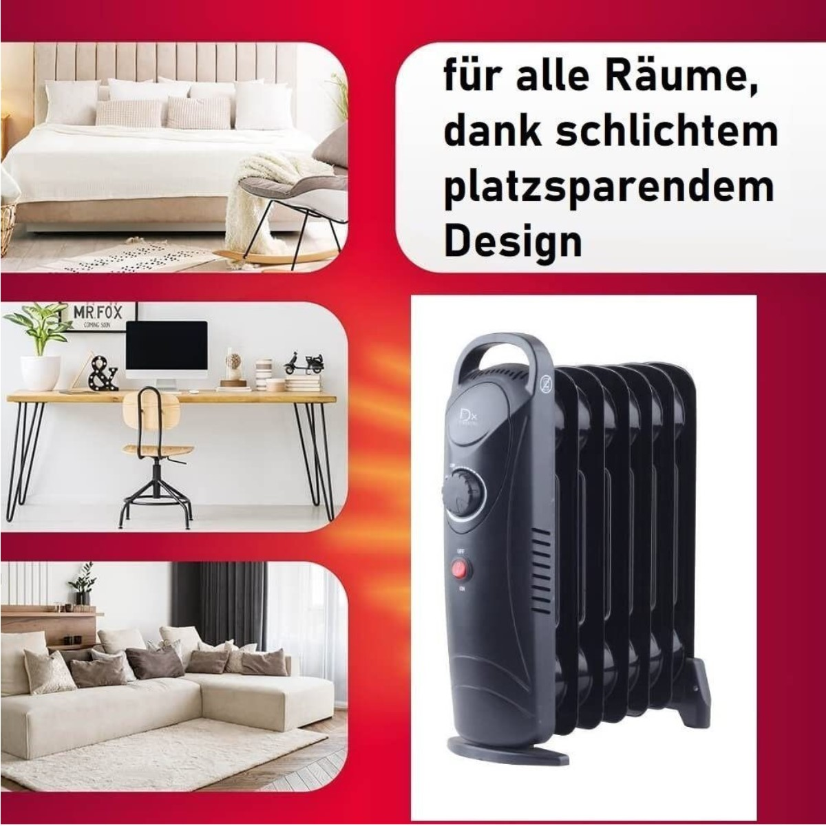 Schwarze Heizung und drei Fotos von Räumen. Text: für alle Räume, dank einfachem, platzsparendem Design.