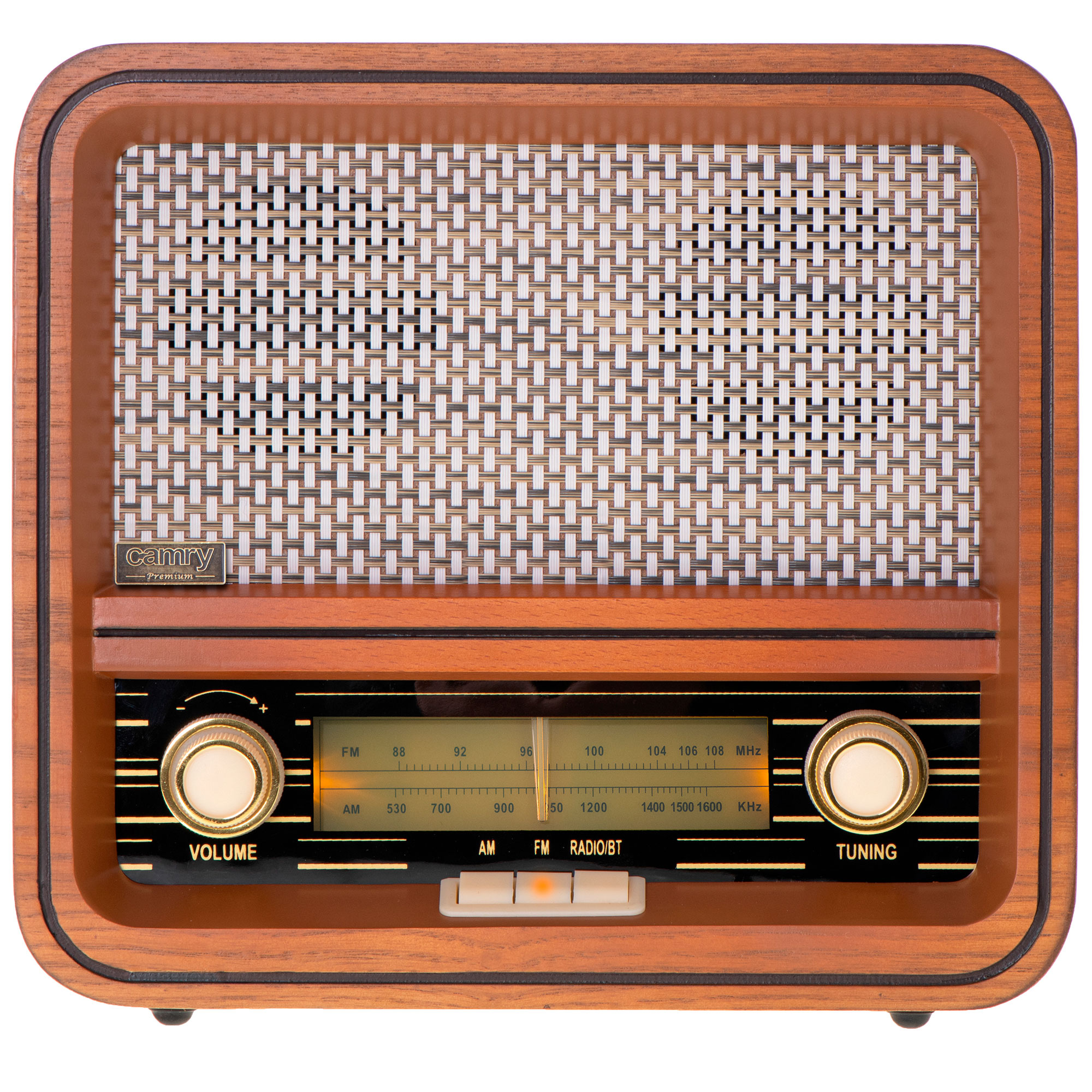 Drewniane radio retro z pokrętłami głośności i strojenia oraz kratką głośnika.