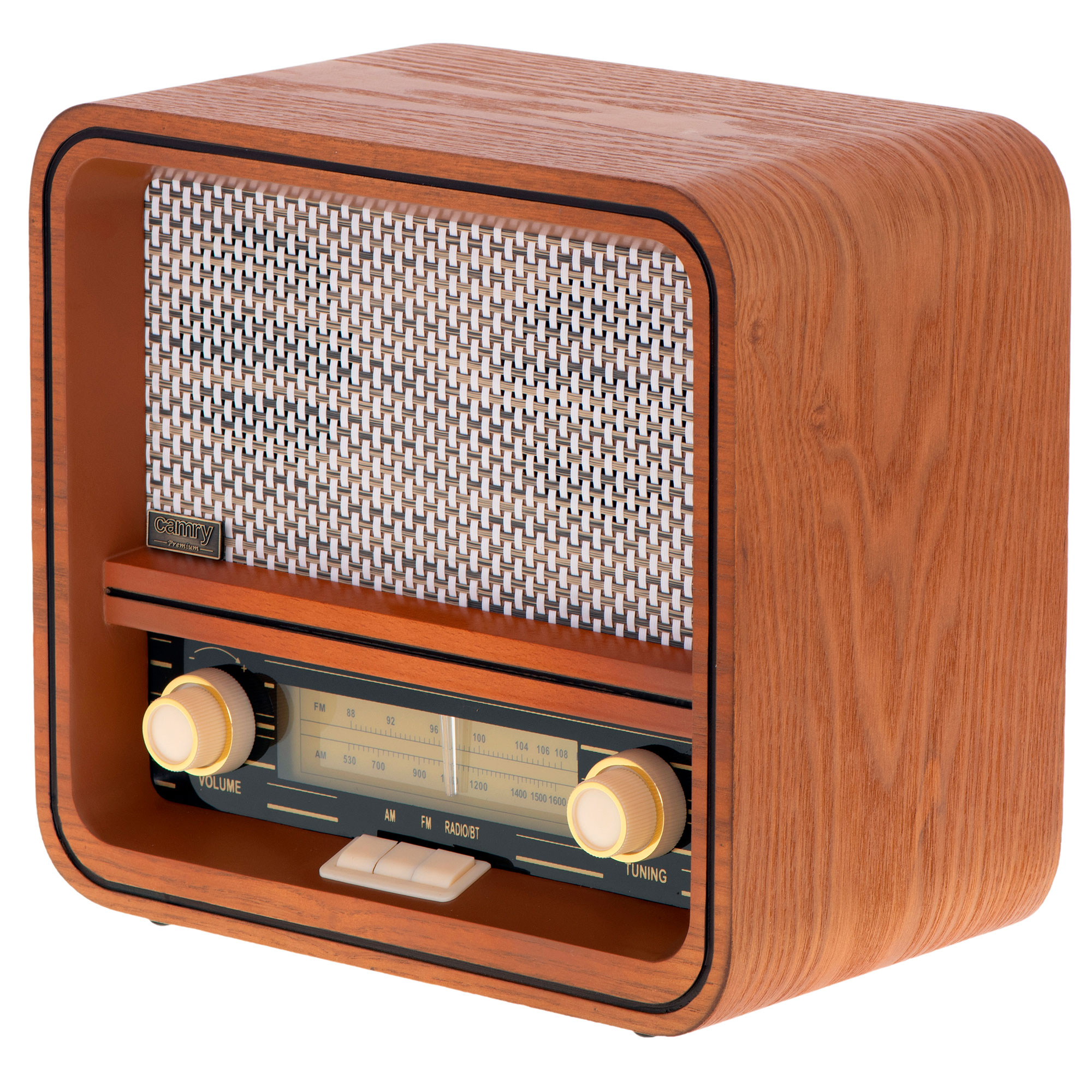 Radio w stylu retro z drewna z głośnikiem z siatki i dwoma złotymi pokrętłami.