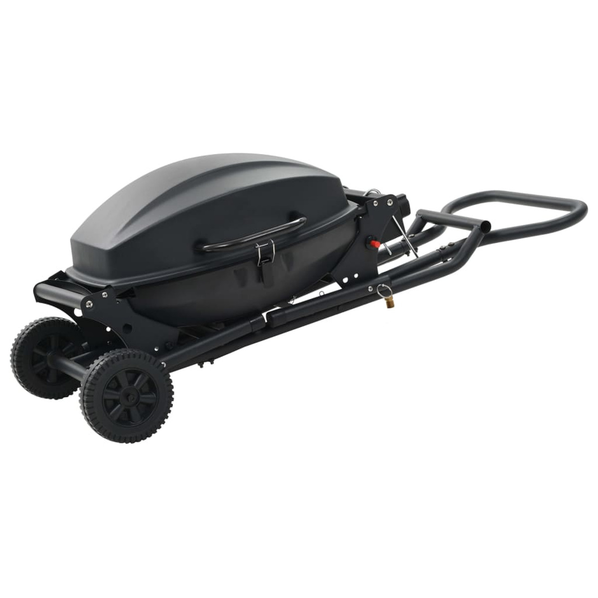 Schwarzer tragbarer Grill auf Rädern. Er hat einen gewölbten Deckel und einen Griff.