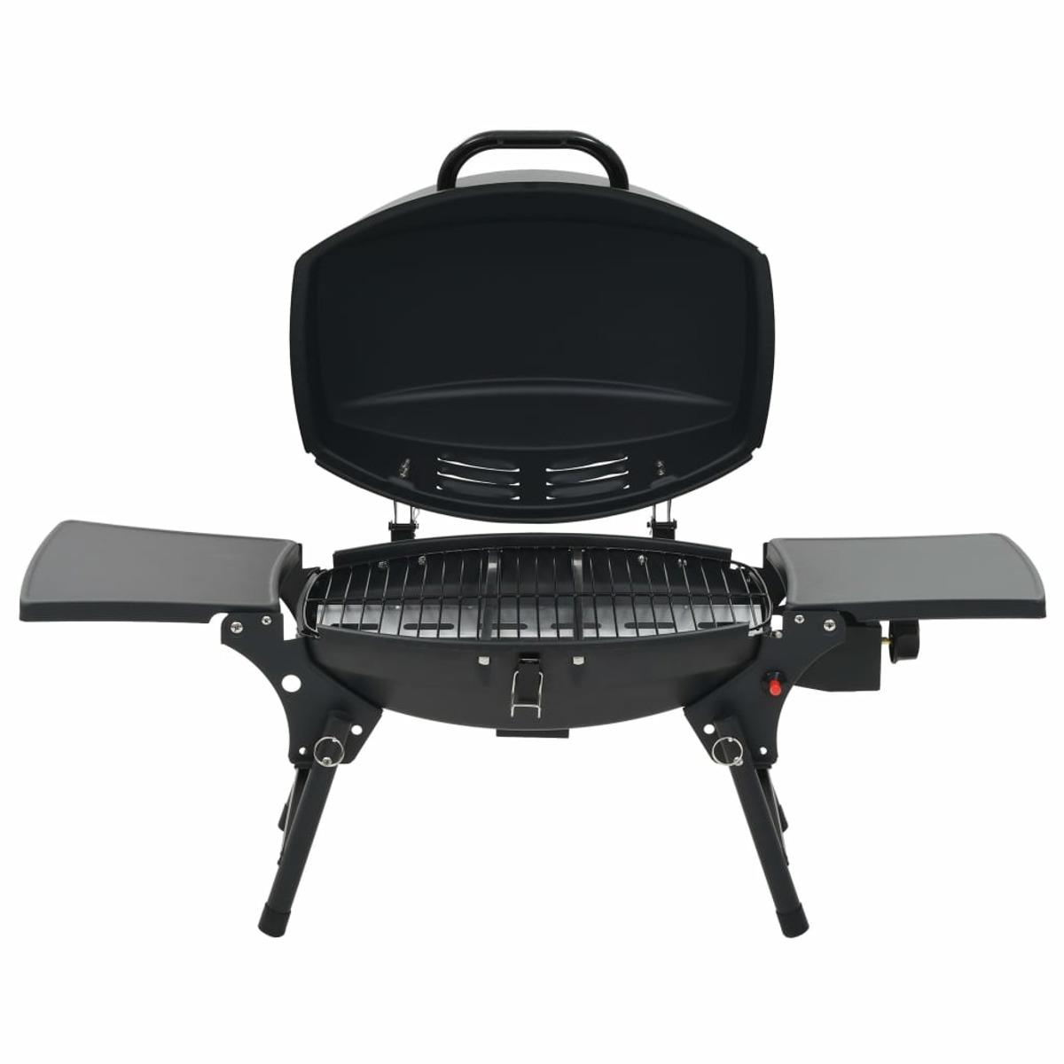 Schwarzer tragbarer Grill, offen, auf weißem Hintergrund. Hat Griffe und klappbare Seitentische.