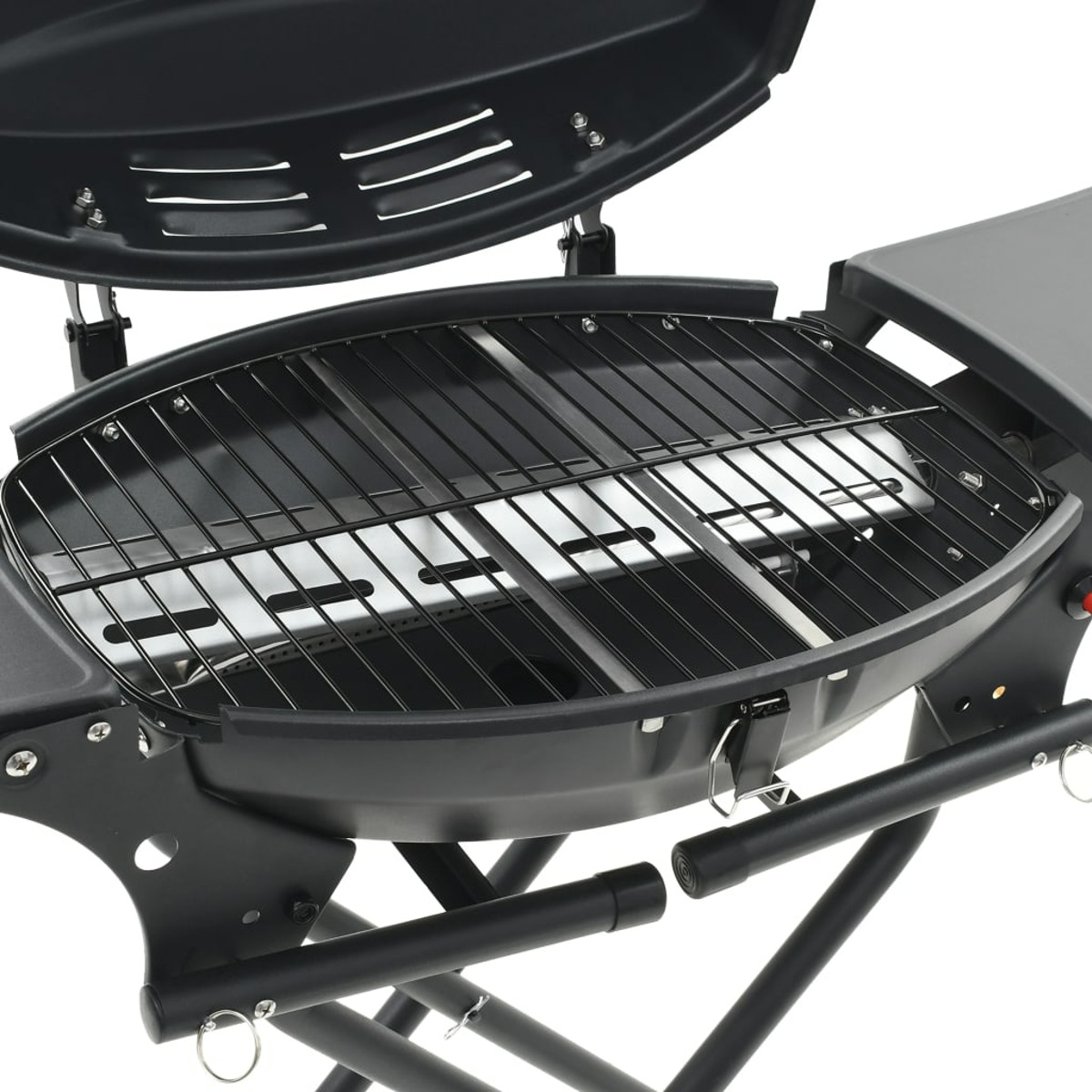 Ein schwarzer Grill mit Grillrost, geöffnet für den Gebrauch.