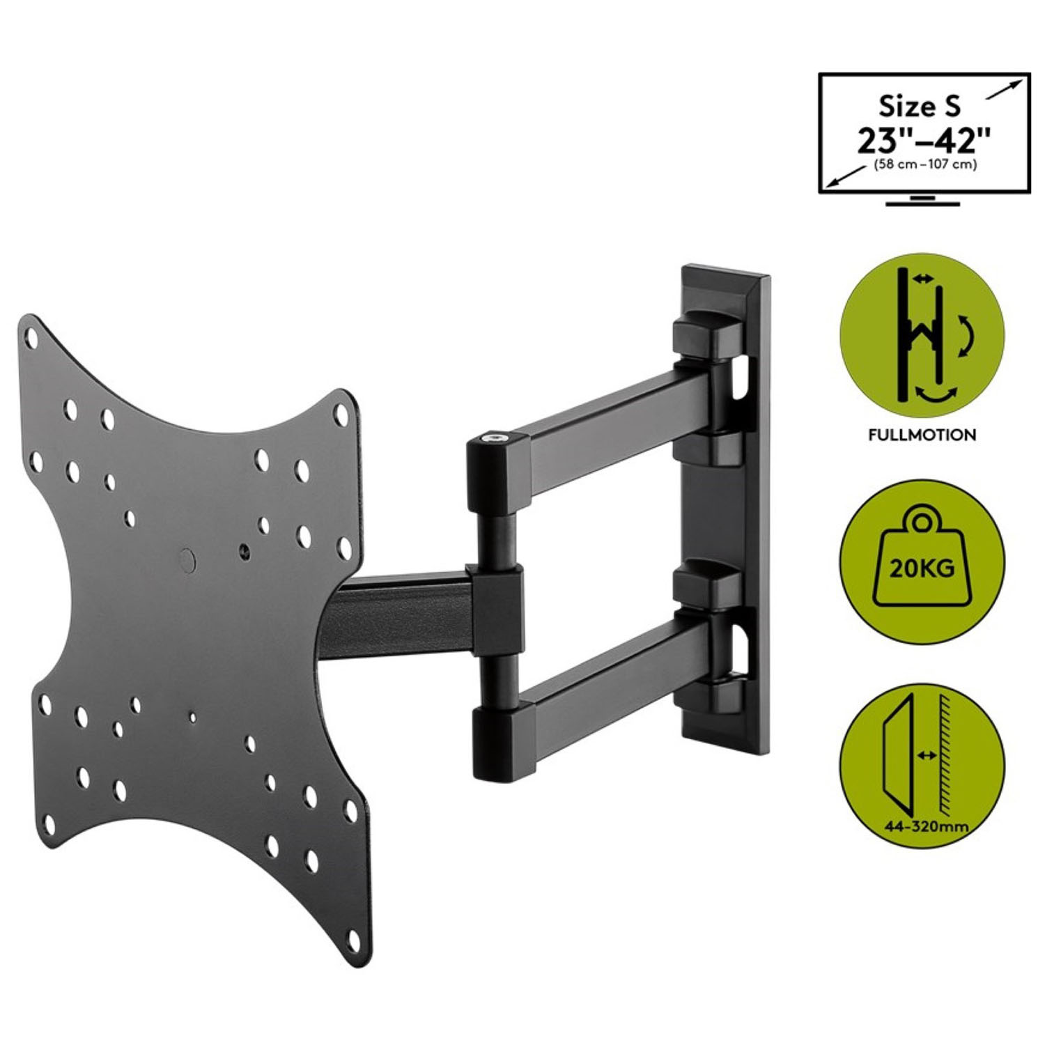 Schwarze TV-Wandhalterung. Abmessungen S: 23"-42". Volle Bewegung, 20 kg, 44-320 mm.