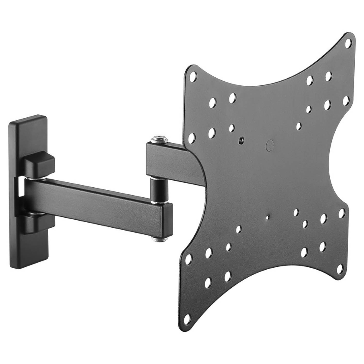 Schwarze TV-Wandhalterung mit verstellbarem Arm.
