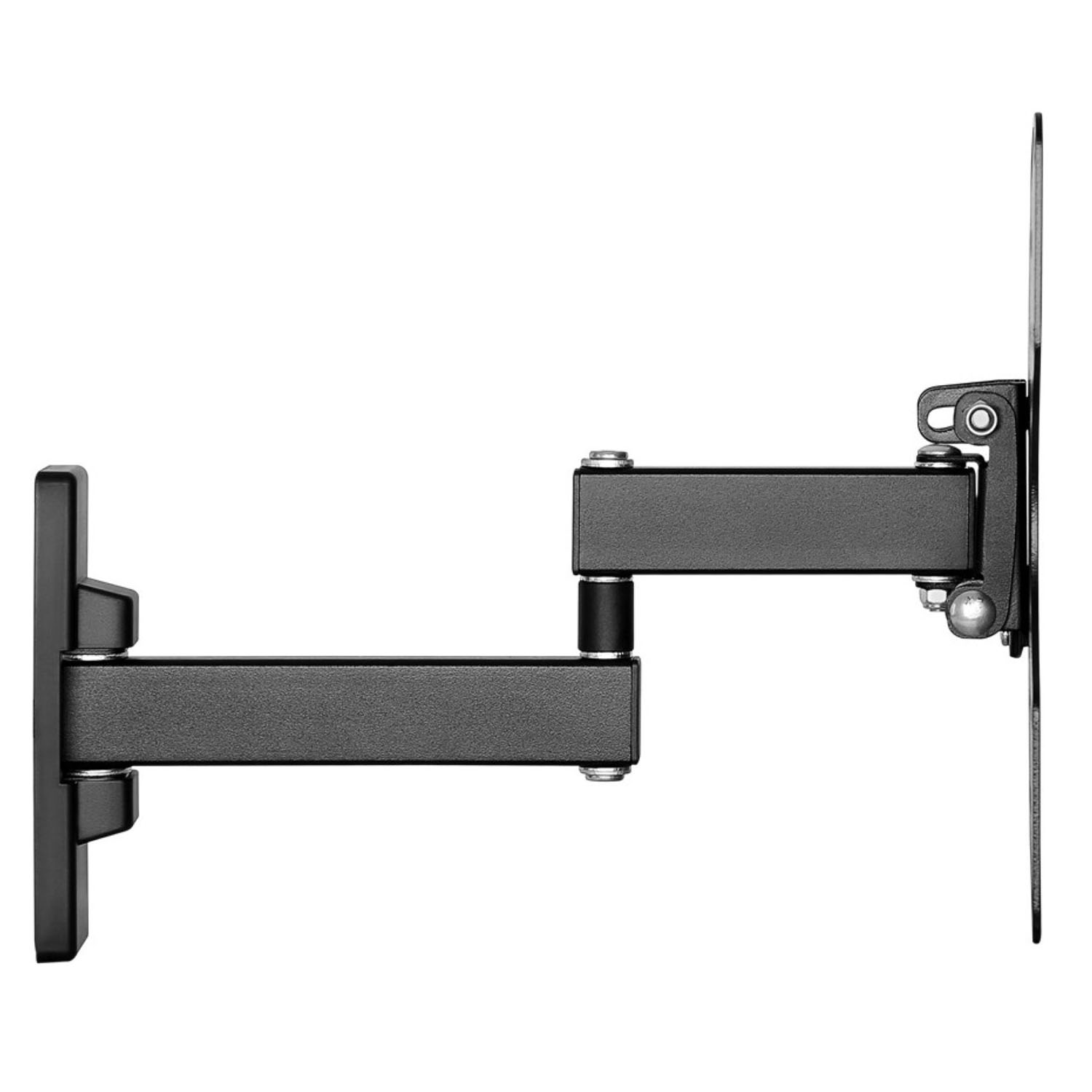 Eine schwarze TV-Halterung mit Doppelarm-Design wird gezeigt. Sie ist voll ausgefahren und an der Wand montiert.
