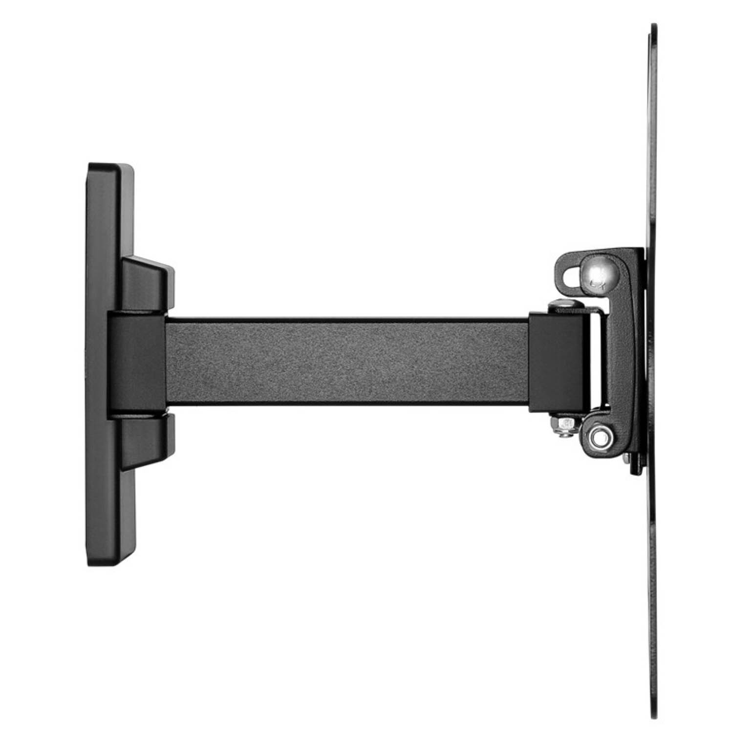 Eine schwarze TV-Wandhalterung, von der Wand ausgezogen.