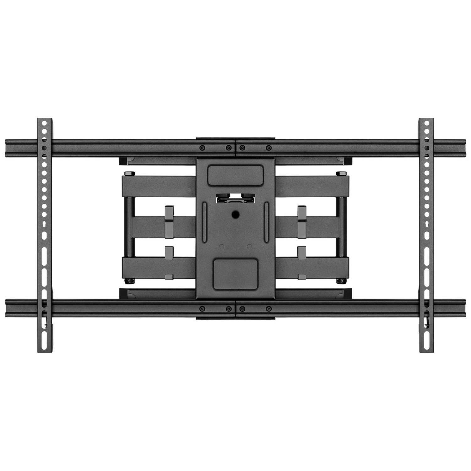 Un soporte de pared para TV negro, visto desde arriba. Es una construcción metálica con múltiples puntos de montaje.
