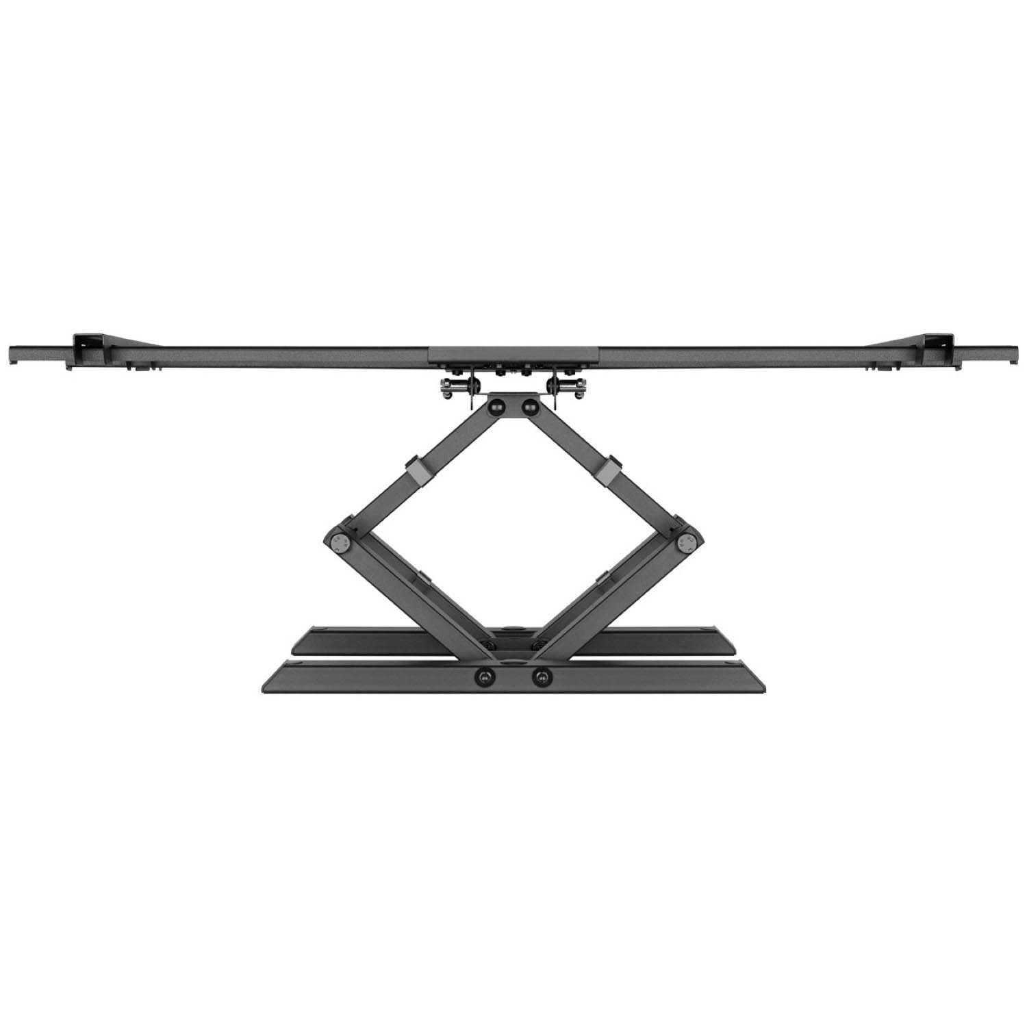 Un soporte de TV de metal negro con un diseño geométrico complejo. Está centrado y el fondo es neutral.