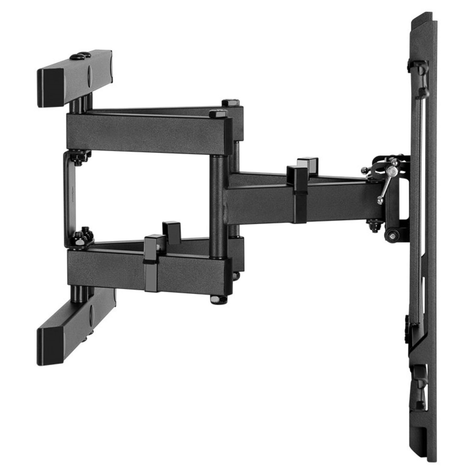 Soporte de pared para TV negro, extendido hacia un lado, mostrando el mecanismo.