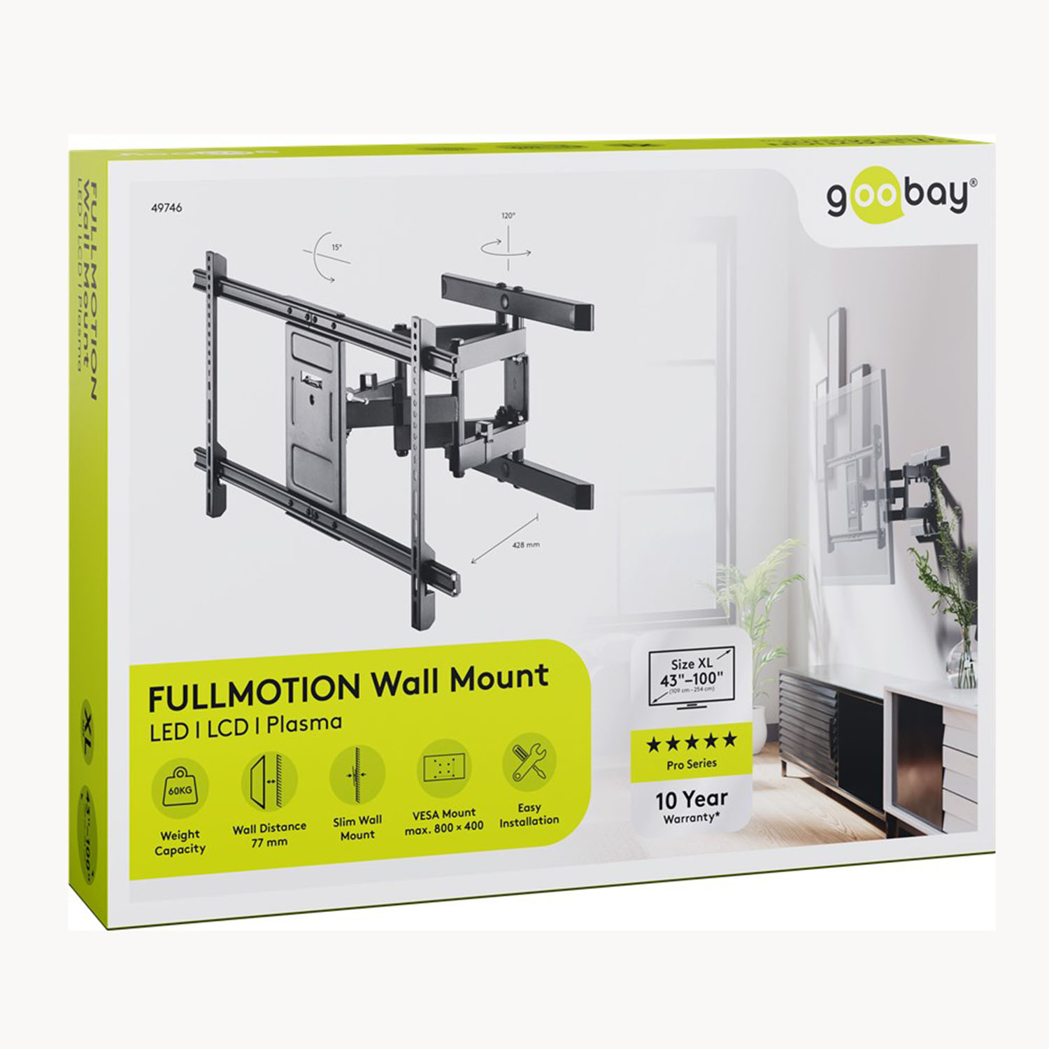Una caja para un soporte de pared de movimiento completo con especificaciones, iconos y una imagen del producto.