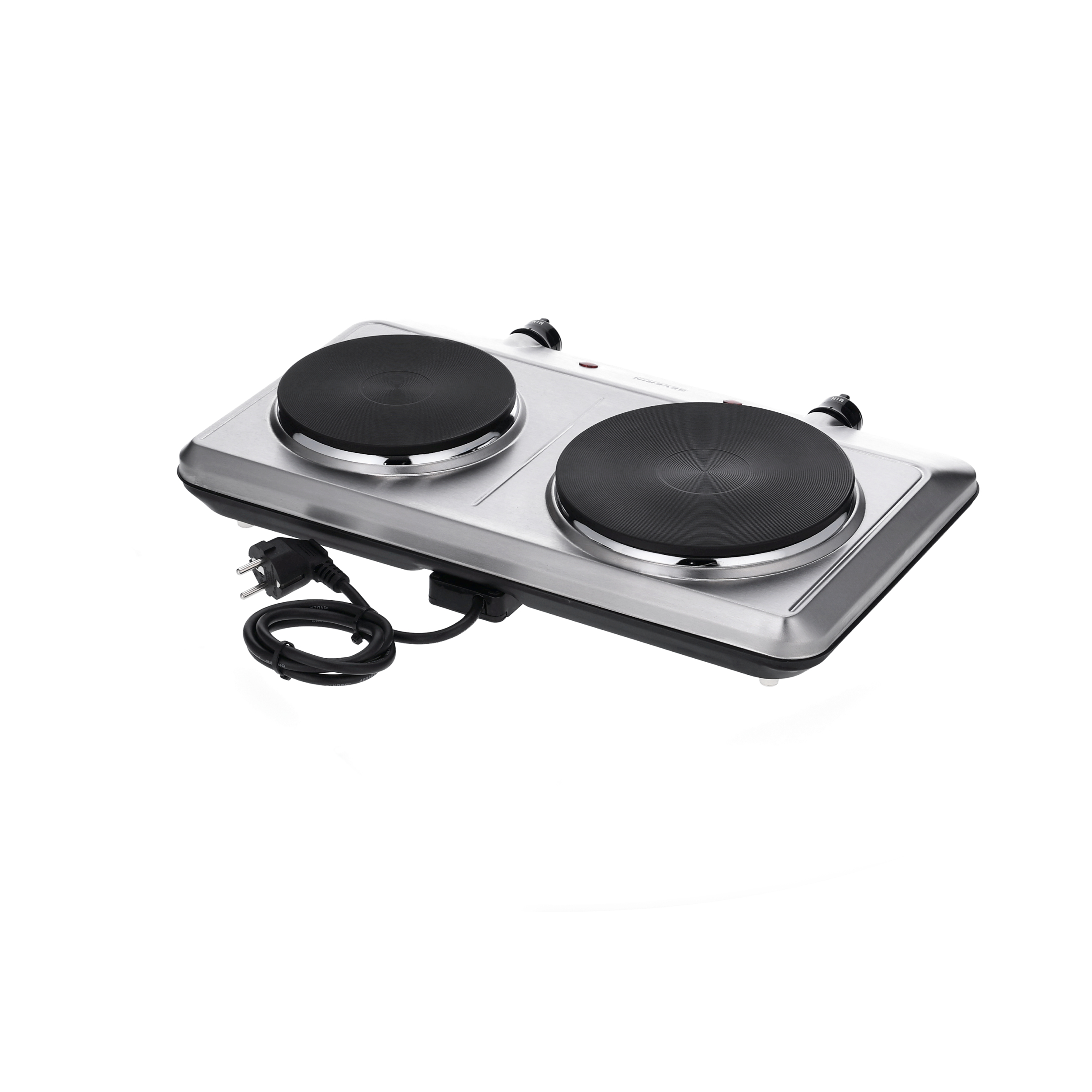 Srebrna płyta elektryczna z dwoma czarnymi okrągłymi palnikami i przewodem zasilającym, na białym tle.